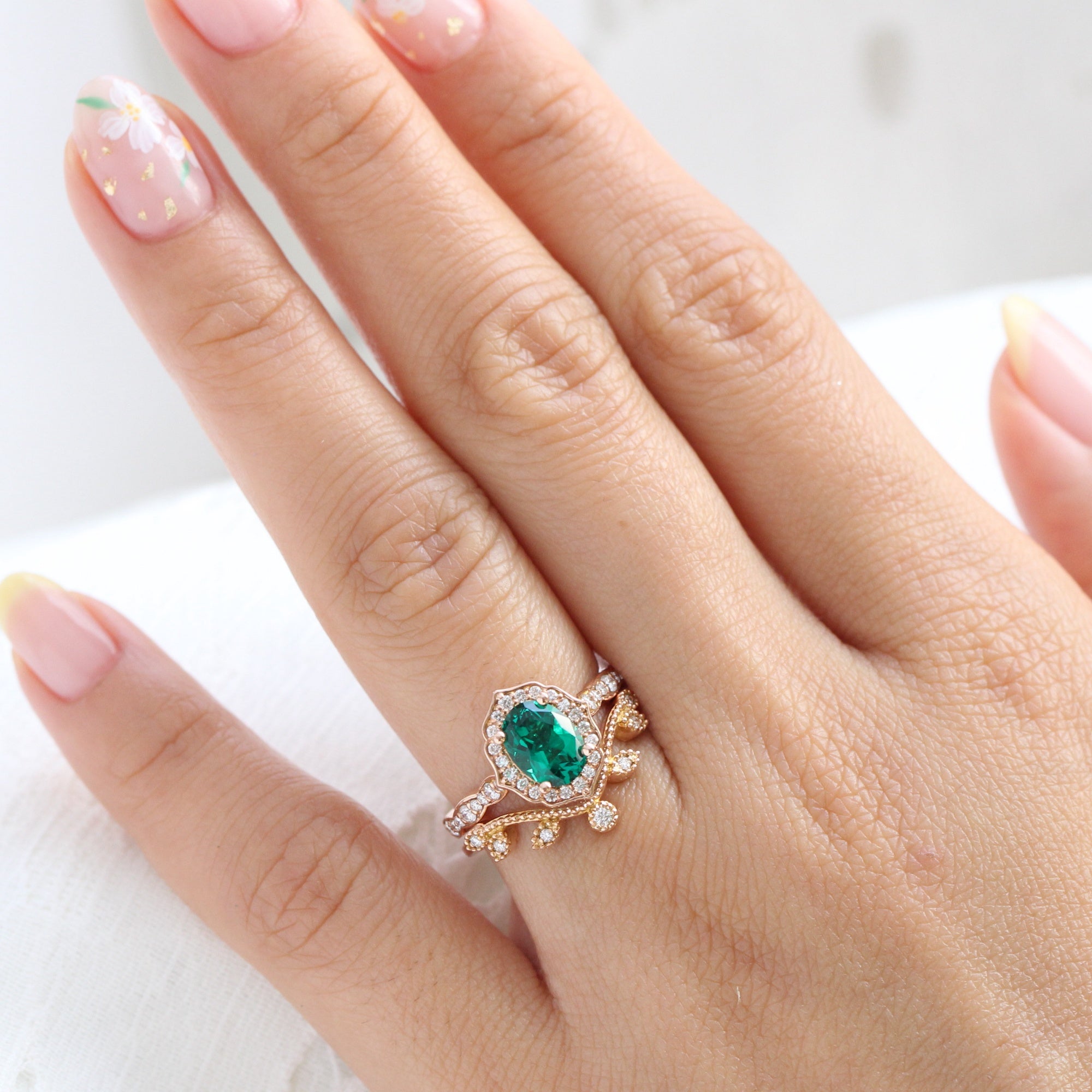 Vintage halo diamond emerald ring stack rose gold curved leaf band la more design jewelry