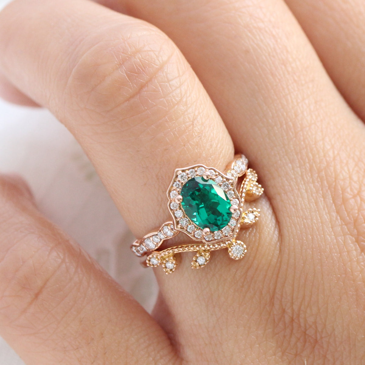 Vintage halo diamond emerald ring stack rose gold curved leaf band la more design jewelry