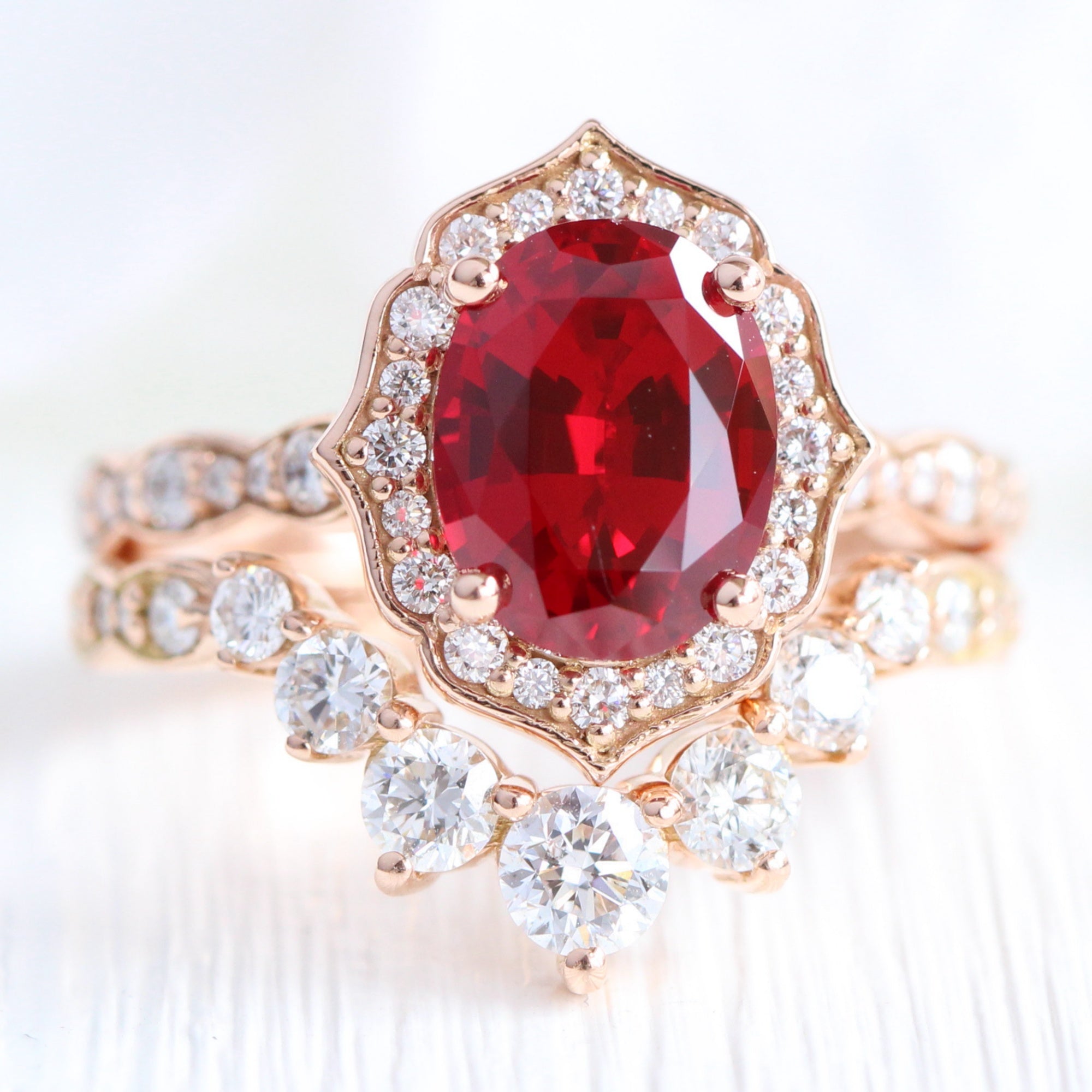 Vintage halo diamond large ruby ring stack rose gold deep curved wedding band la more design jewelry