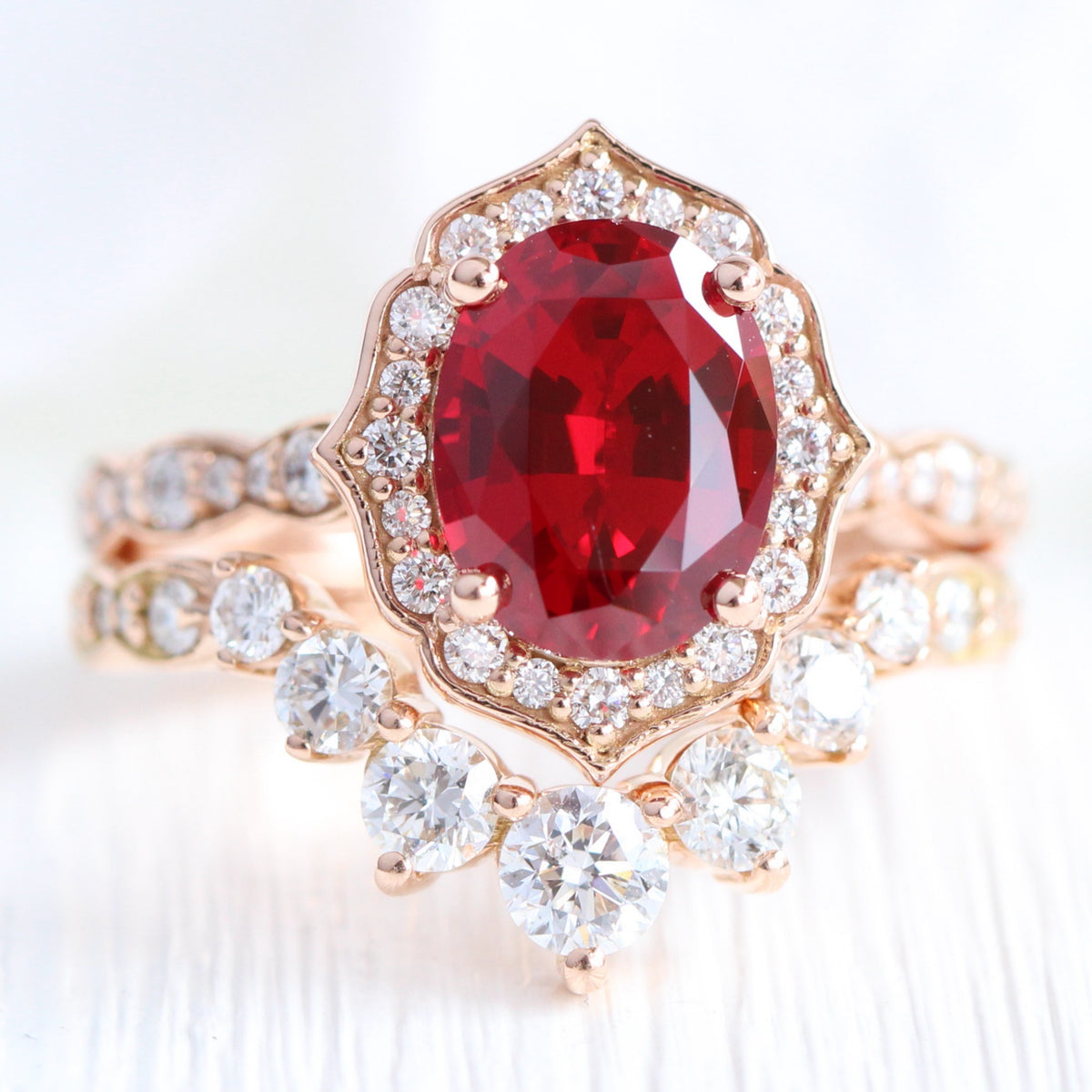 Vintage halo diamond large ruby ring stack rose gold deep curved wedding band la more design jewelry-1.J