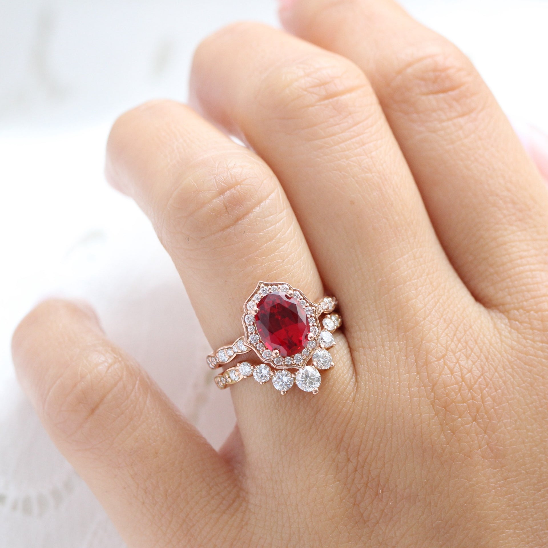 Large Oval Ruby Engagement Ring Rose Gold Vintage Halo Diamond Ring ...
