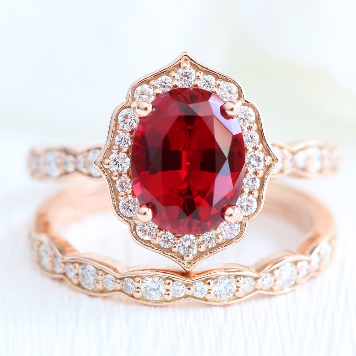 Vintage halo diamond large ruby ring stack rose gold eternity wedding band la more design jewelry