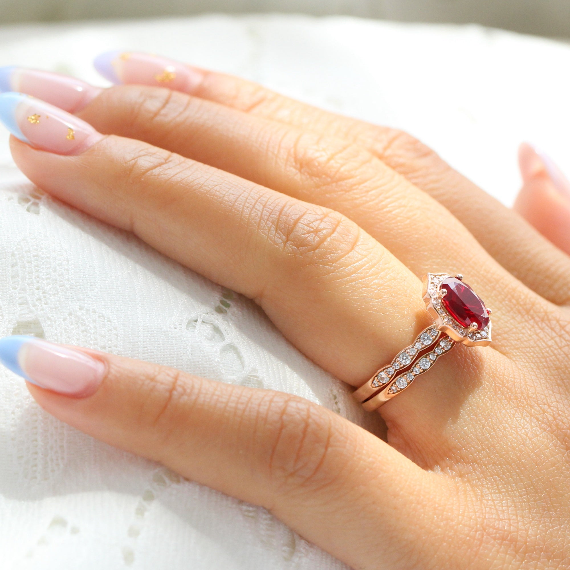 Vintage halo diamond large ruby ring stack rose gold eternity wedding band la more design jewelry