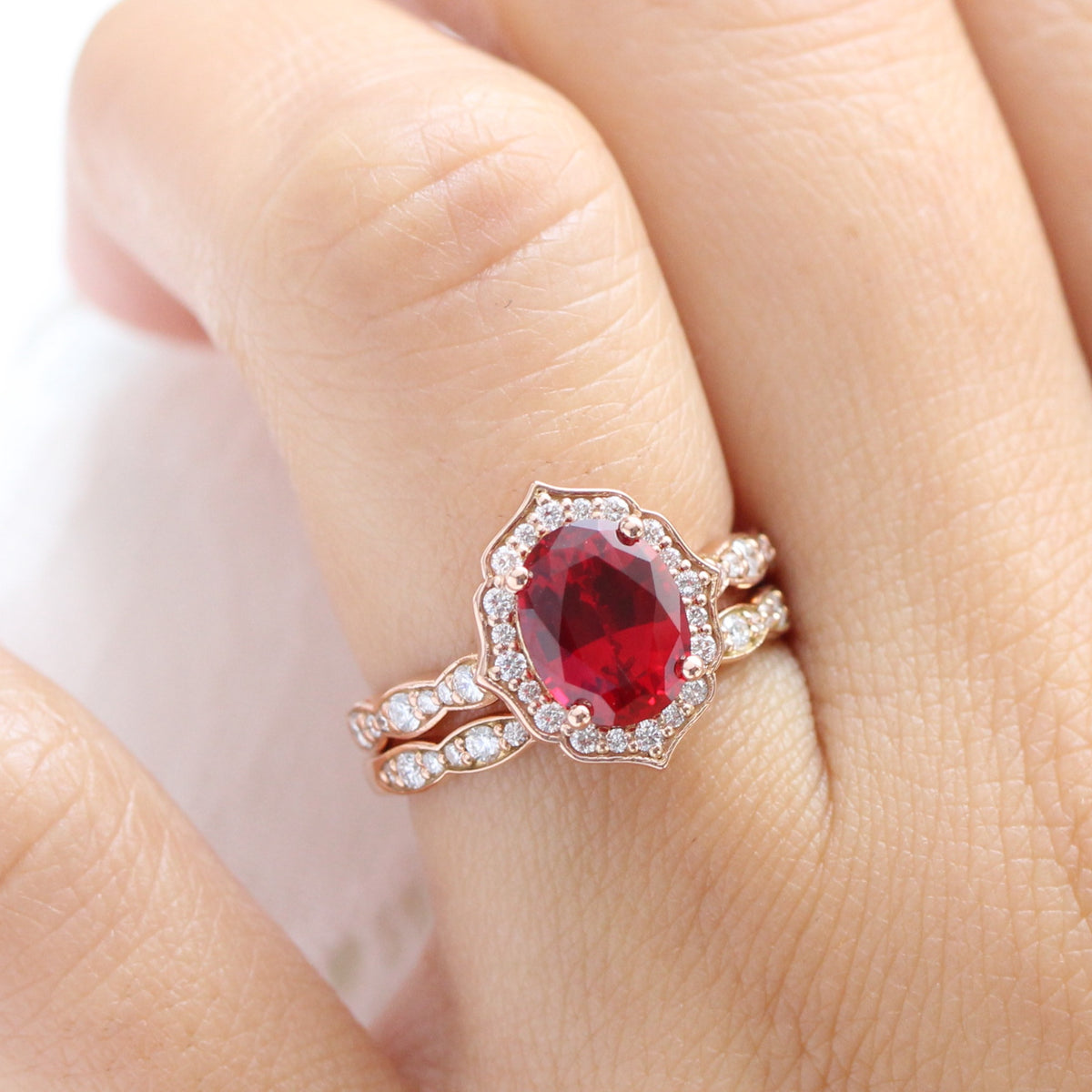 Vintage halo diamond large ruby ring stack rose gold eternity wedding band la more design jewelry