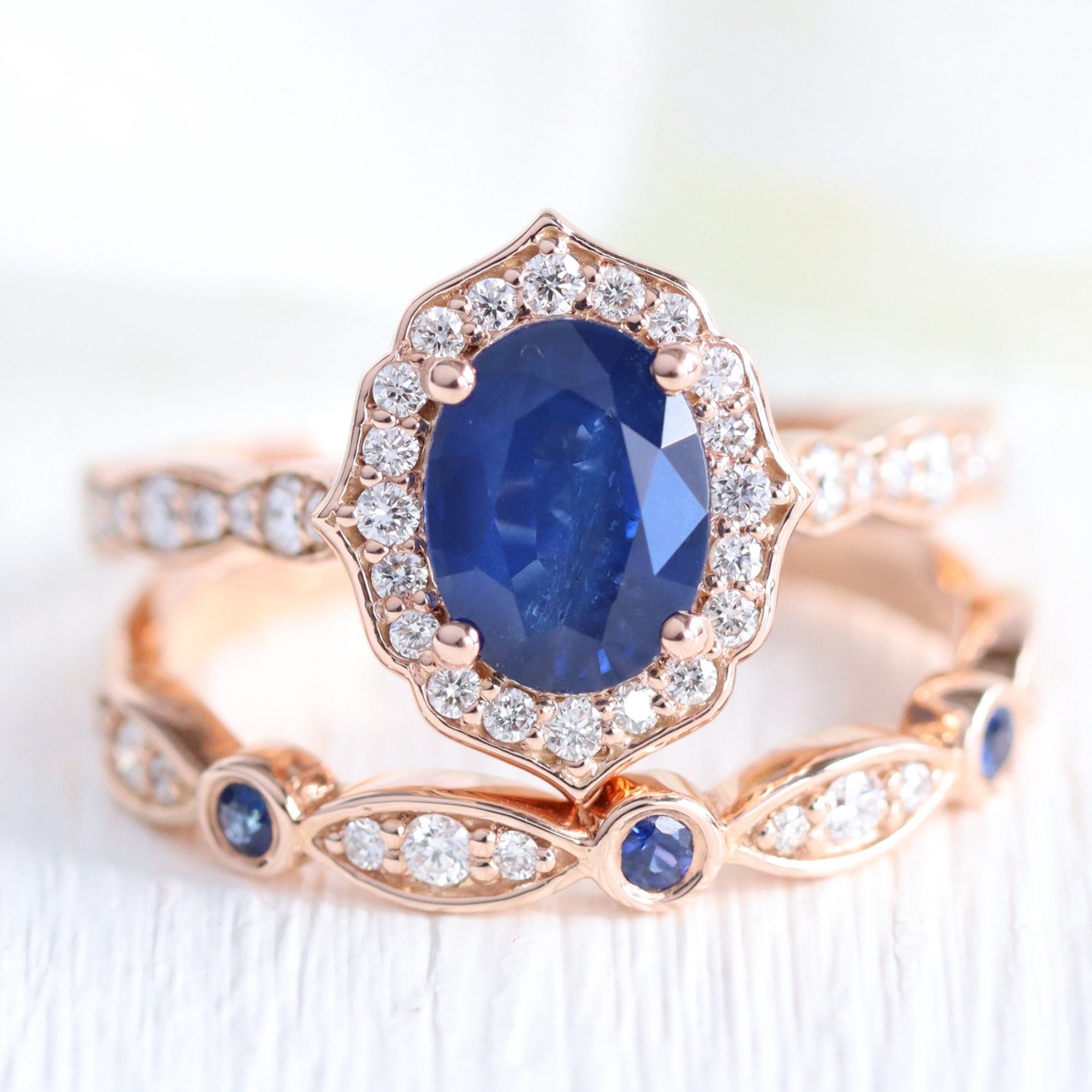 Vintage halo diamond sapphire engagement ring rose gold oval blue sapphire ring stack la more design jewelry