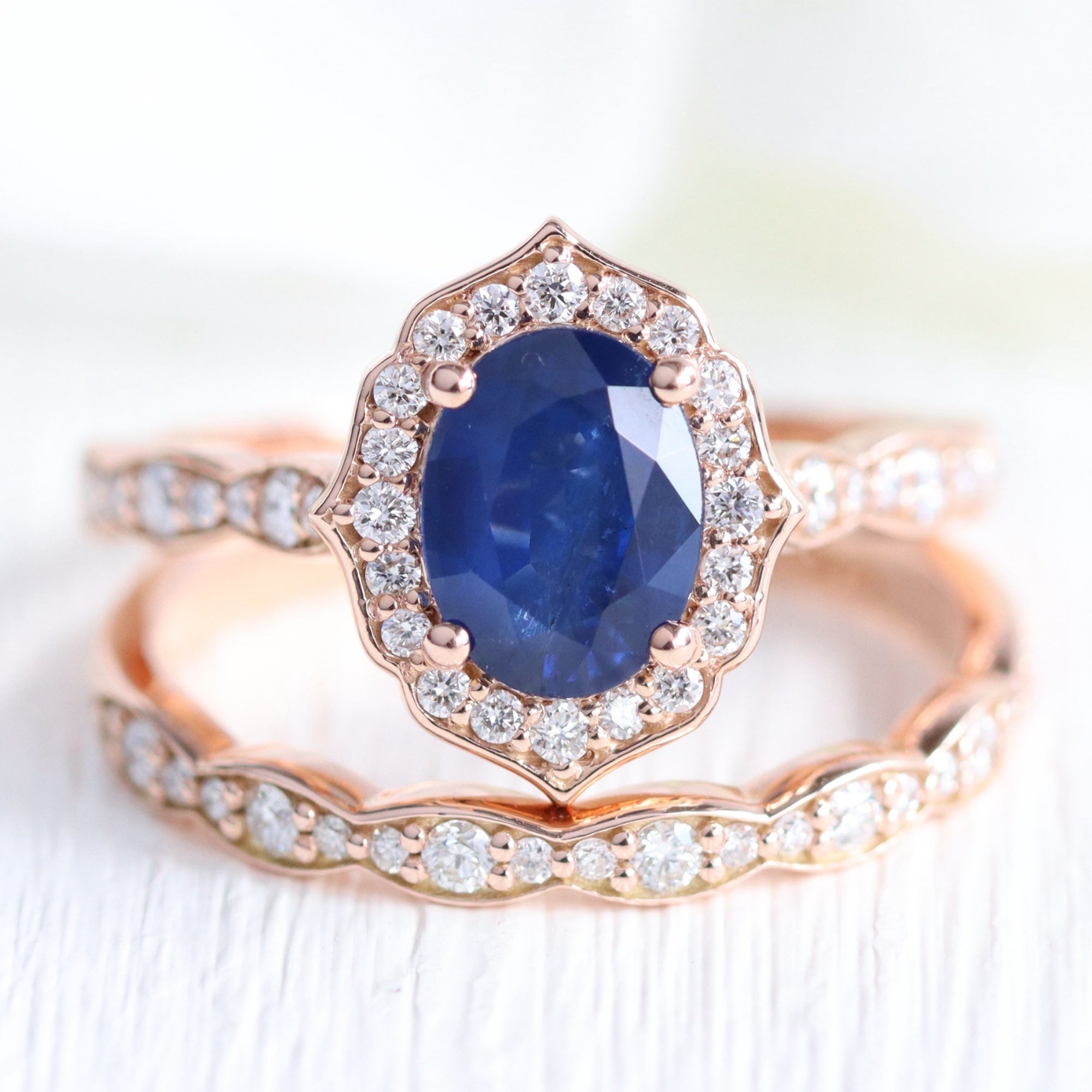 Vintage halo diamond sapphire engagement ring rose gold oval blue sapphire ring stack la more design jewelry