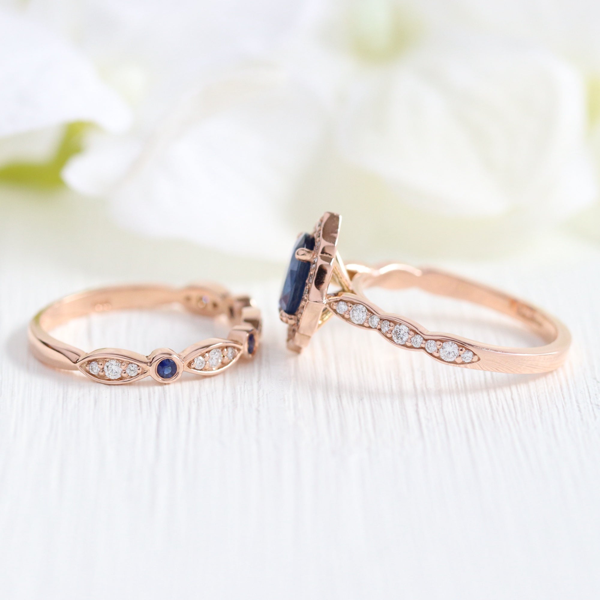 Vintage halo diamond sapphire engagement ring rose gold oval blue sapphire ring stack la more design jewelry