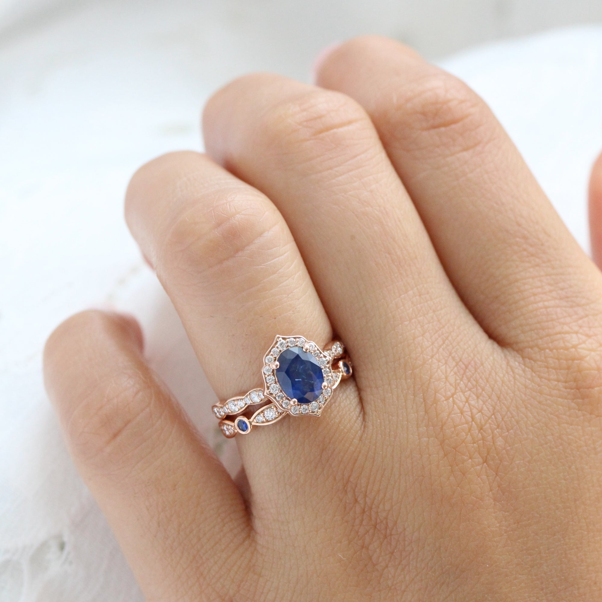 Vintage halo diamond sapphire engagement ring rose gold oval blue sapphire ring stack la more design jewelry