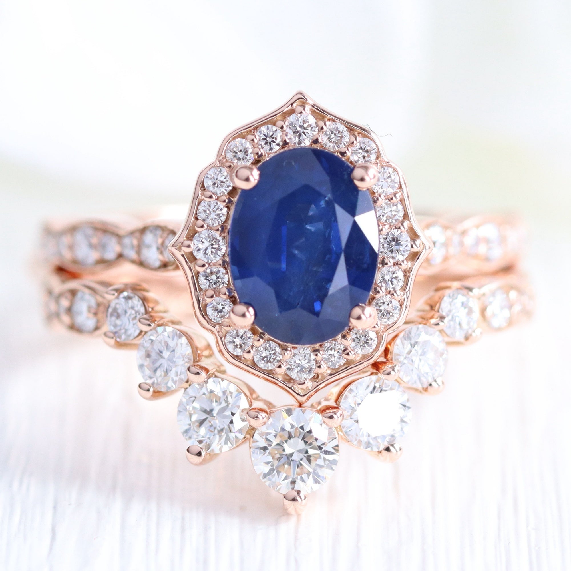 Vintage halo diamond sapphire ring stack rose gold oval curved diamond wedding band la more design jewelry