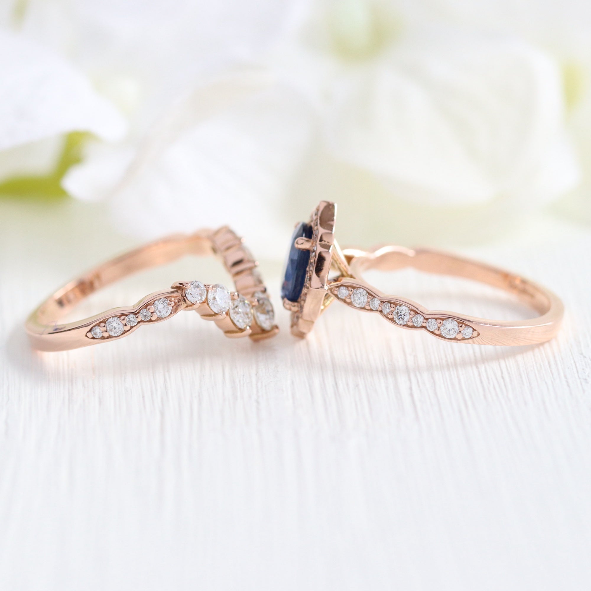 Vintage halo diamond sapphire ring stack rose gold oval curved diamond wedding band la more design jewelry
