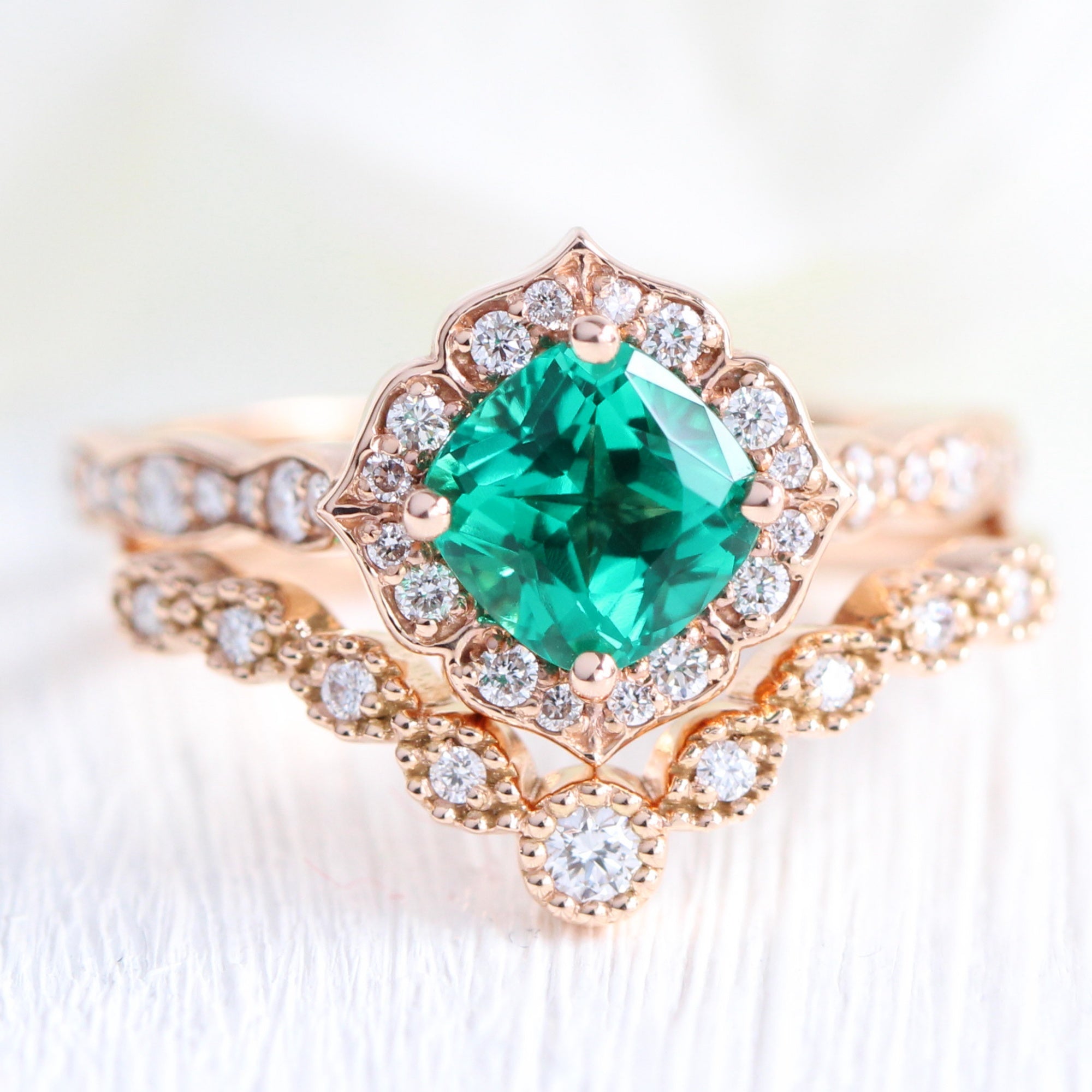 Vintage halo emerald engagement ring and u diamond wedding band la more design jewelry
