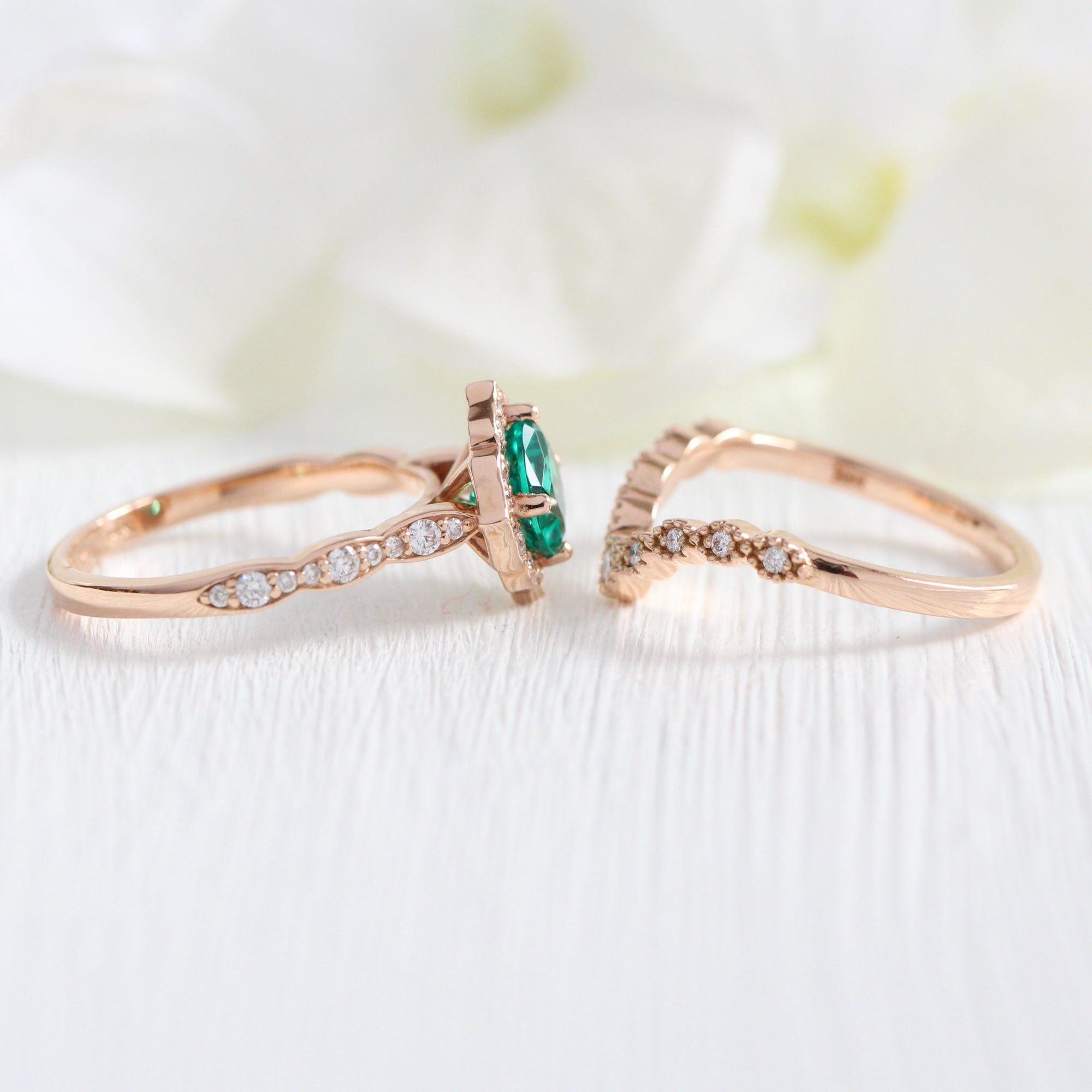 Vintage halo emerald engagement ring and u diamond wedding band la more design jewelry