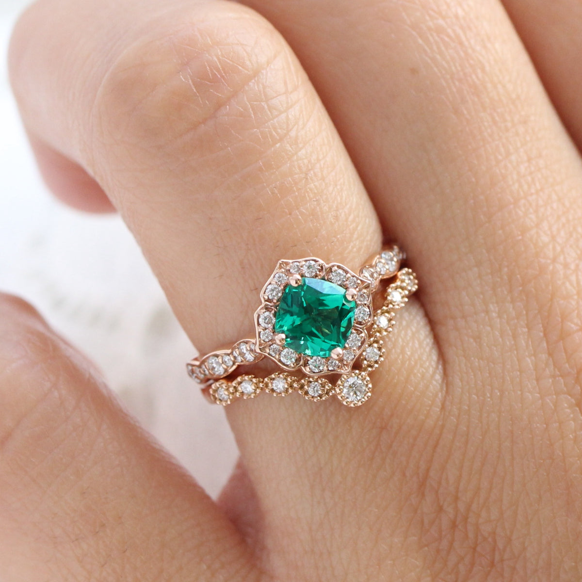 Vintage halo emerald engagement ring and u diamond wedding band la more design jewelry