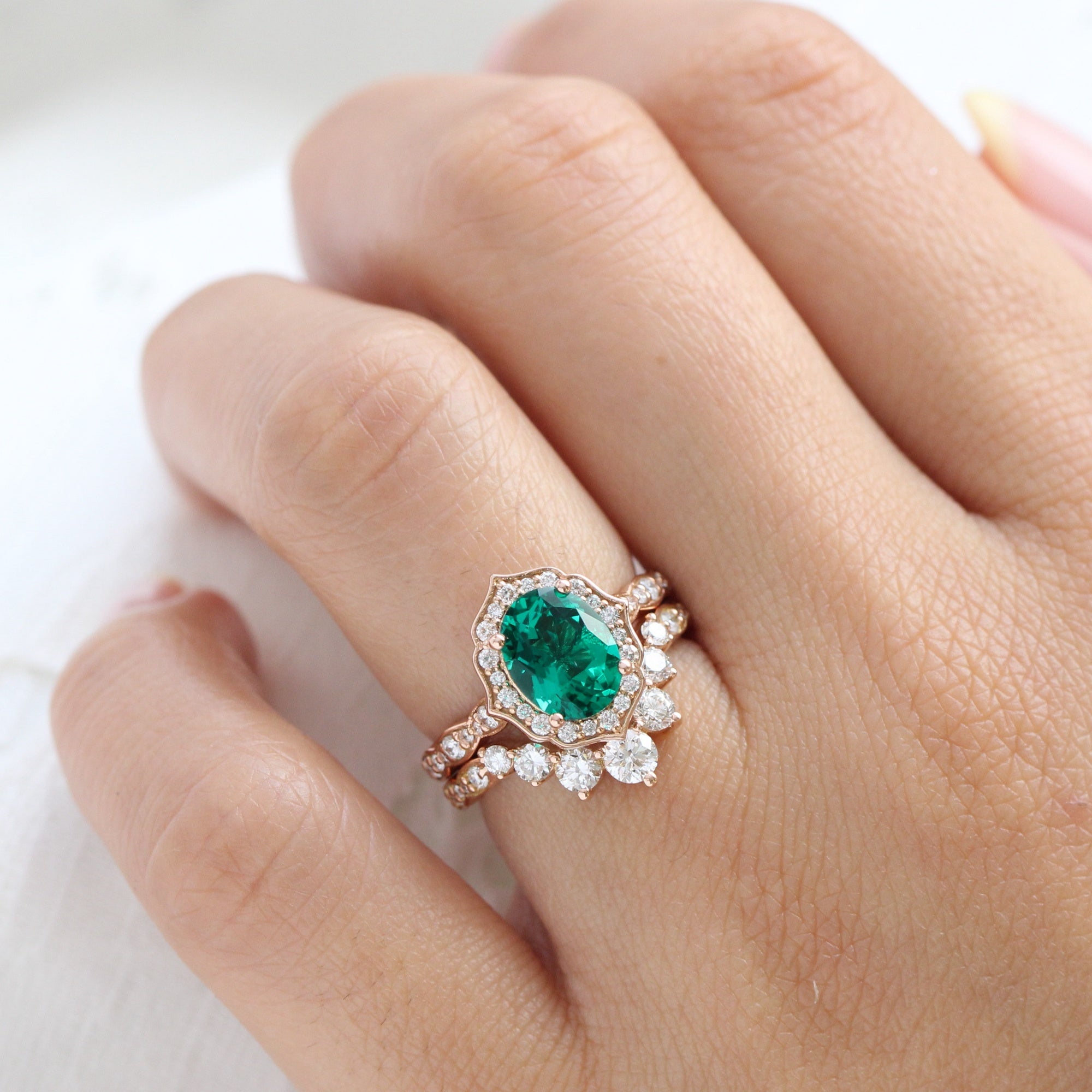 Large Oval Emerald Engagement Ring Rose Gold Vintage Halo Diamond