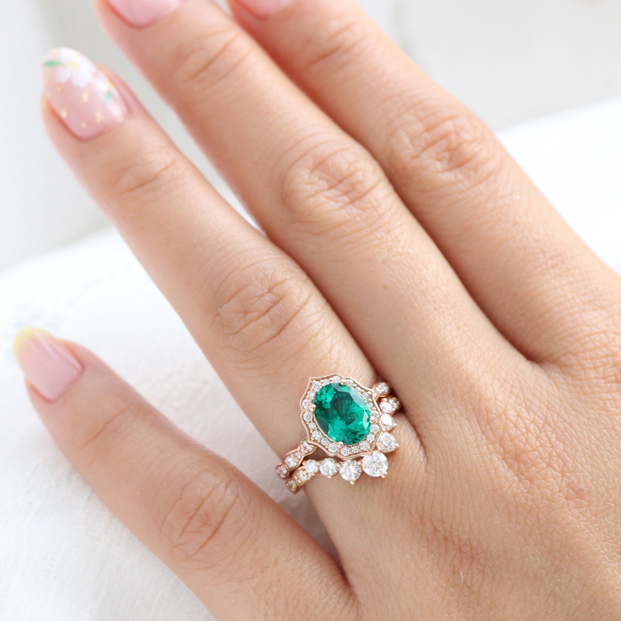 Vintage halo large emerald ring stack rose gold curved diamond wedding band la more design jewelry