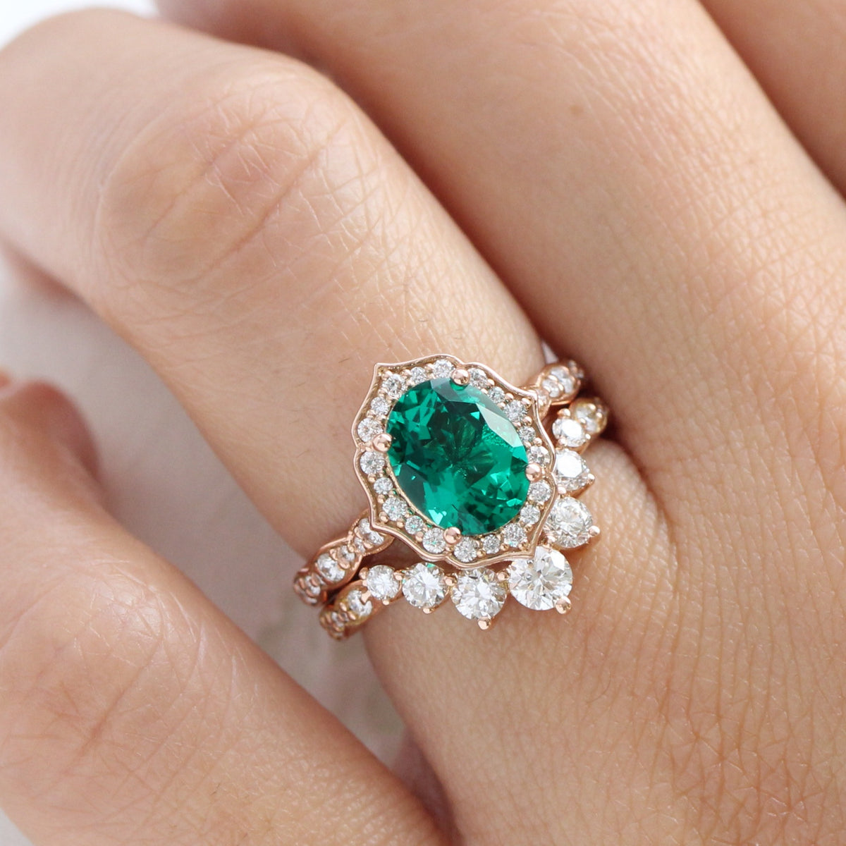 Vintage halo large emerald ring stack rose gold curved diamond wedding band la more design jewelry