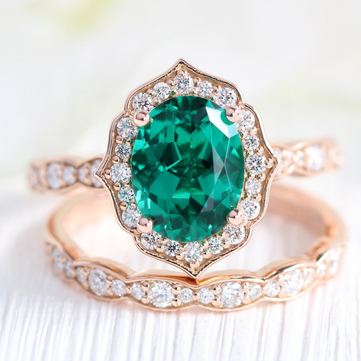Vintage halo large emerald ring stack rose gold matching diamond wedding band la more design jewelry