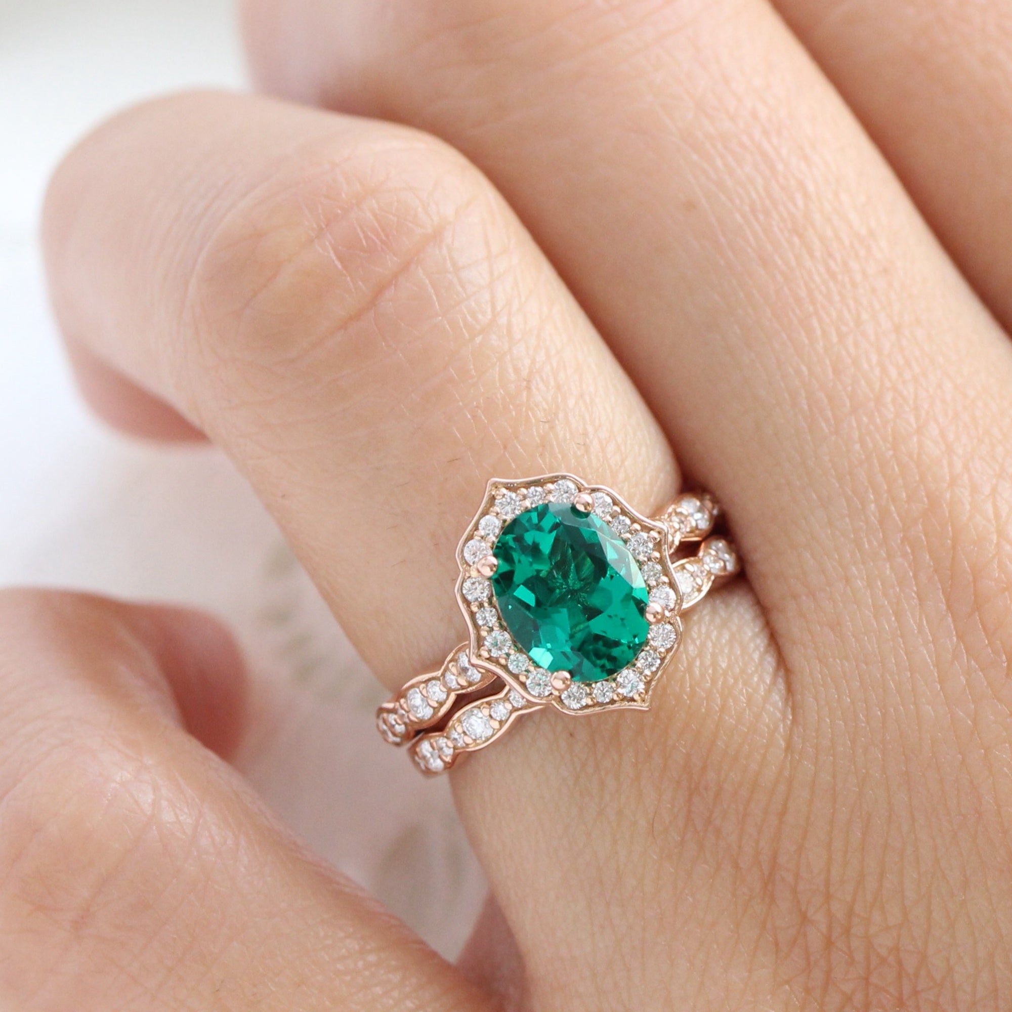 Vintage halo large emerald ring stack rose gold matching diamond wedding band la more design jewelry