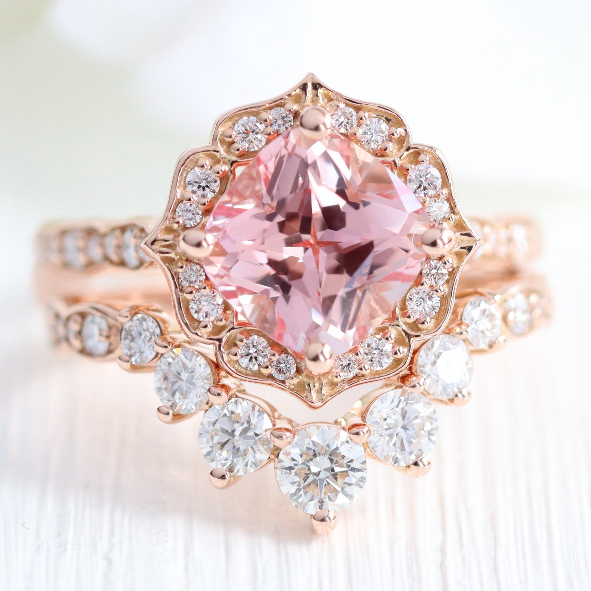 Vintage halo large peach sapphire ring stack rose gold curved diamond wedding band la more design jewelry