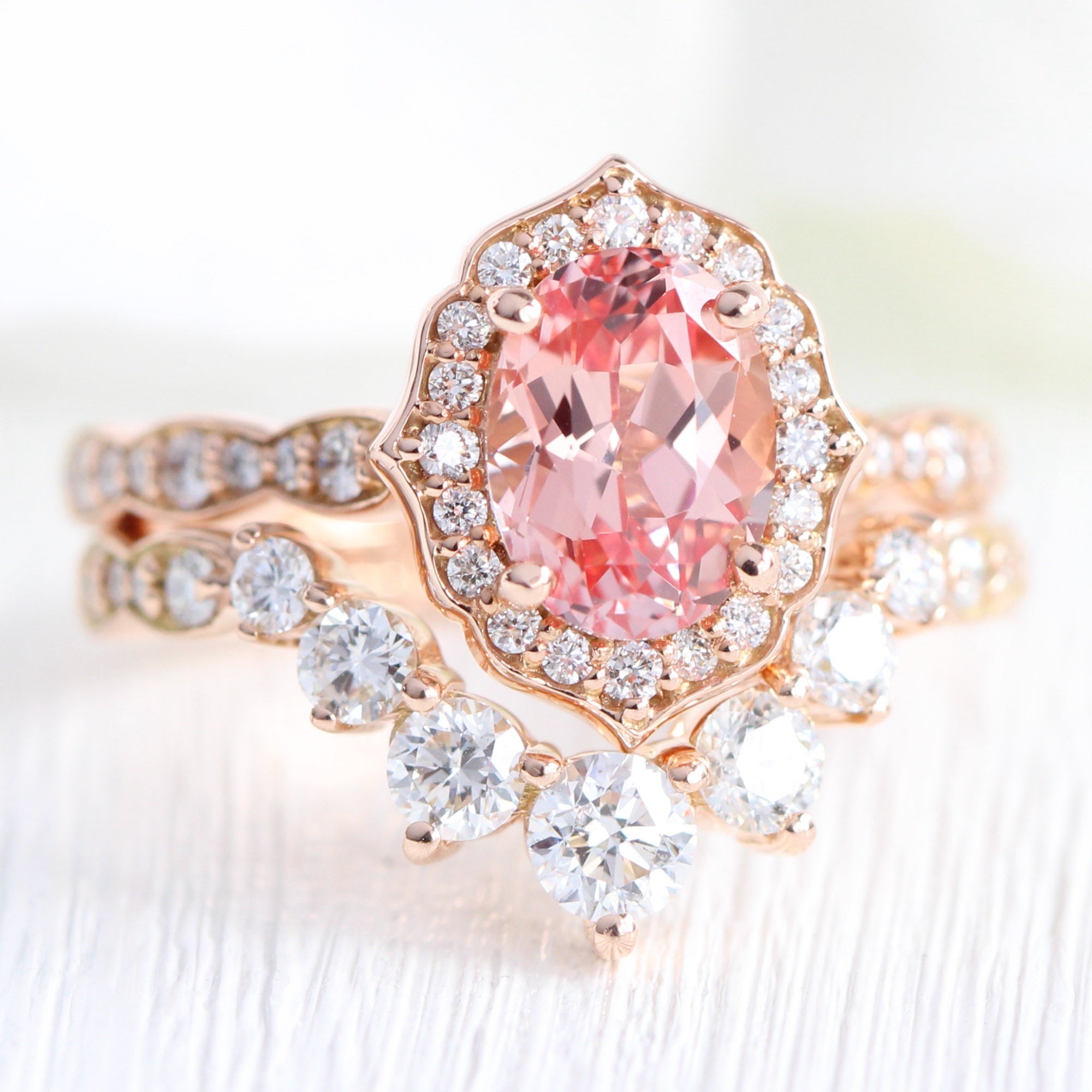 Vintage halo oval peach sapphire ring stack rose gold curved diamond wedding band la more design jewelry