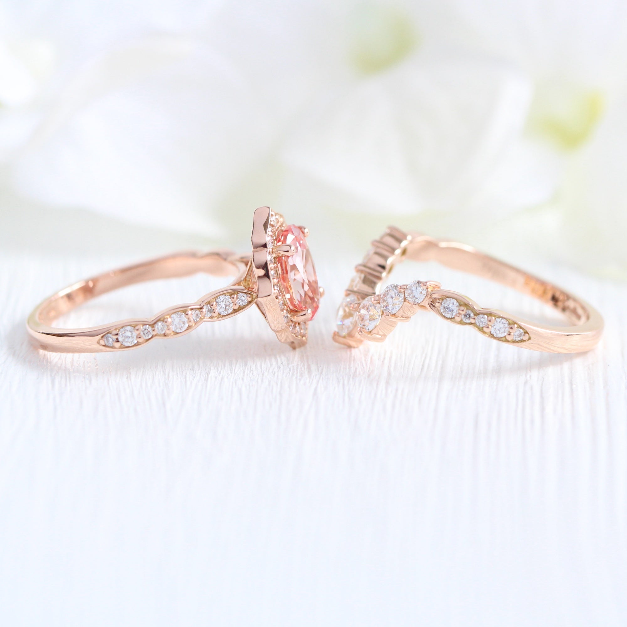 Vintage halo oval peach sapphire ring stack rose gold curved diamond wedding band la more design jewelry