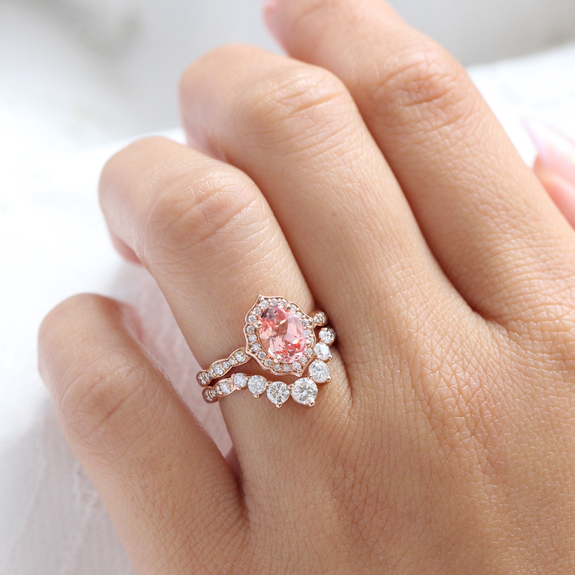 Peach Pink Sapphire Ring Bridal Set Curved Diamond Wedding Ring Stack 14K White Gold / 6.25