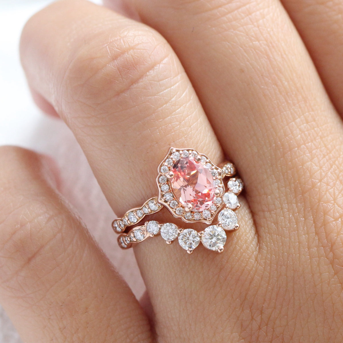 Vintage halo oval peach sapphire ring stack rose gold curved diamond wedding band la more design jewelry