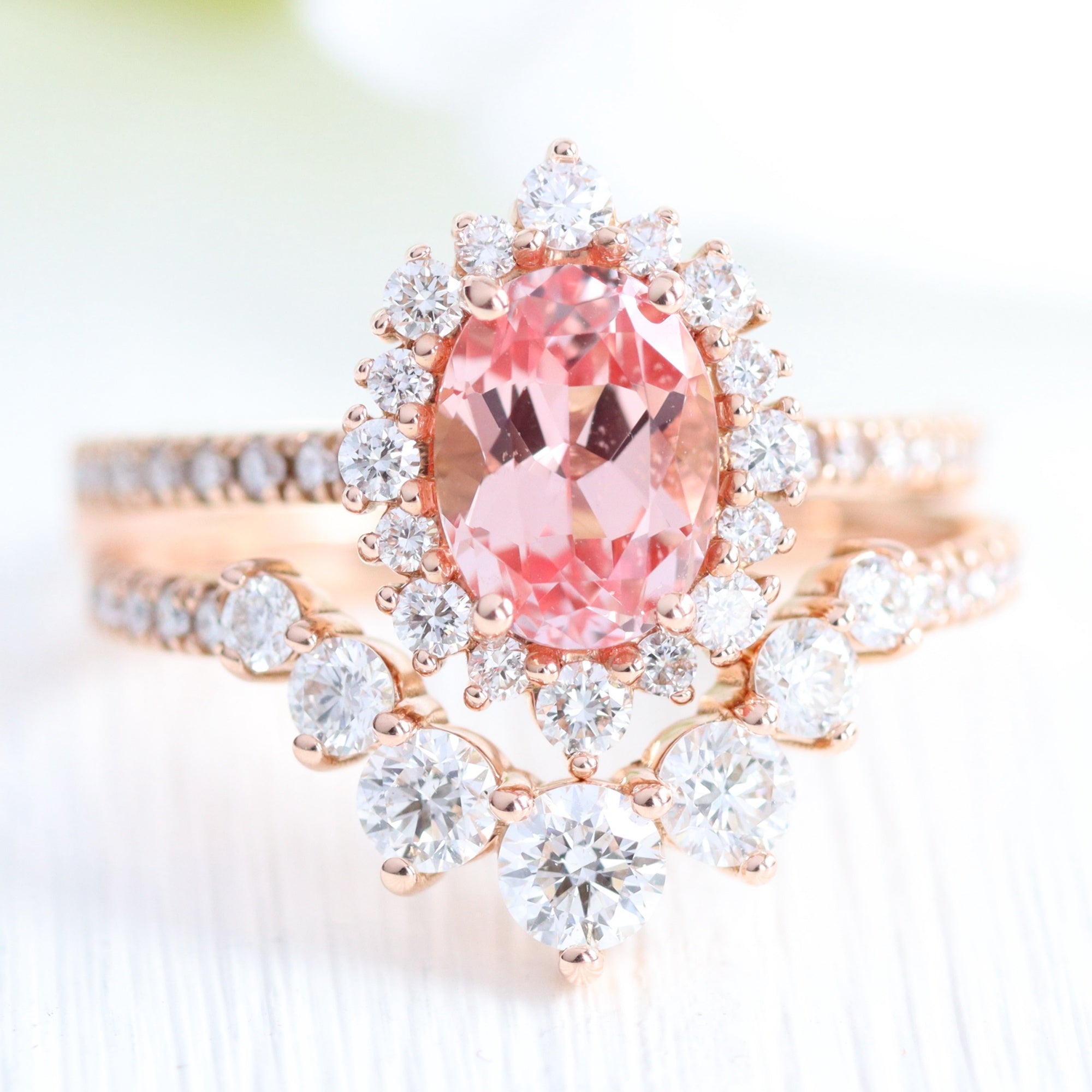 Vintage halo oval peach sapphire ring stack rose gold u shaped diamond wedding band la more design jewelry