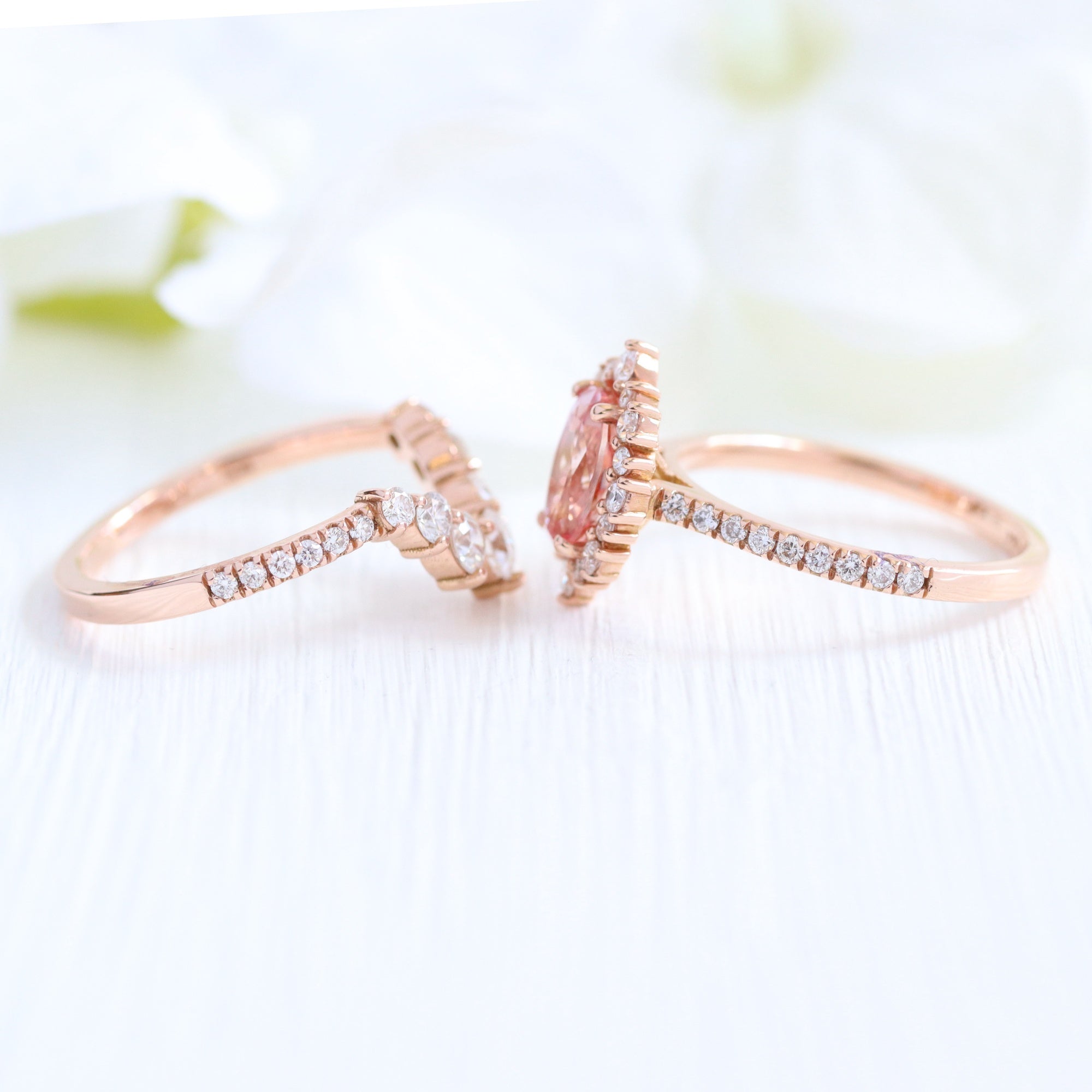 Vintage halo oval peach sapphire ring stack rose gold u shaped diamond wedding band la more design jewelry