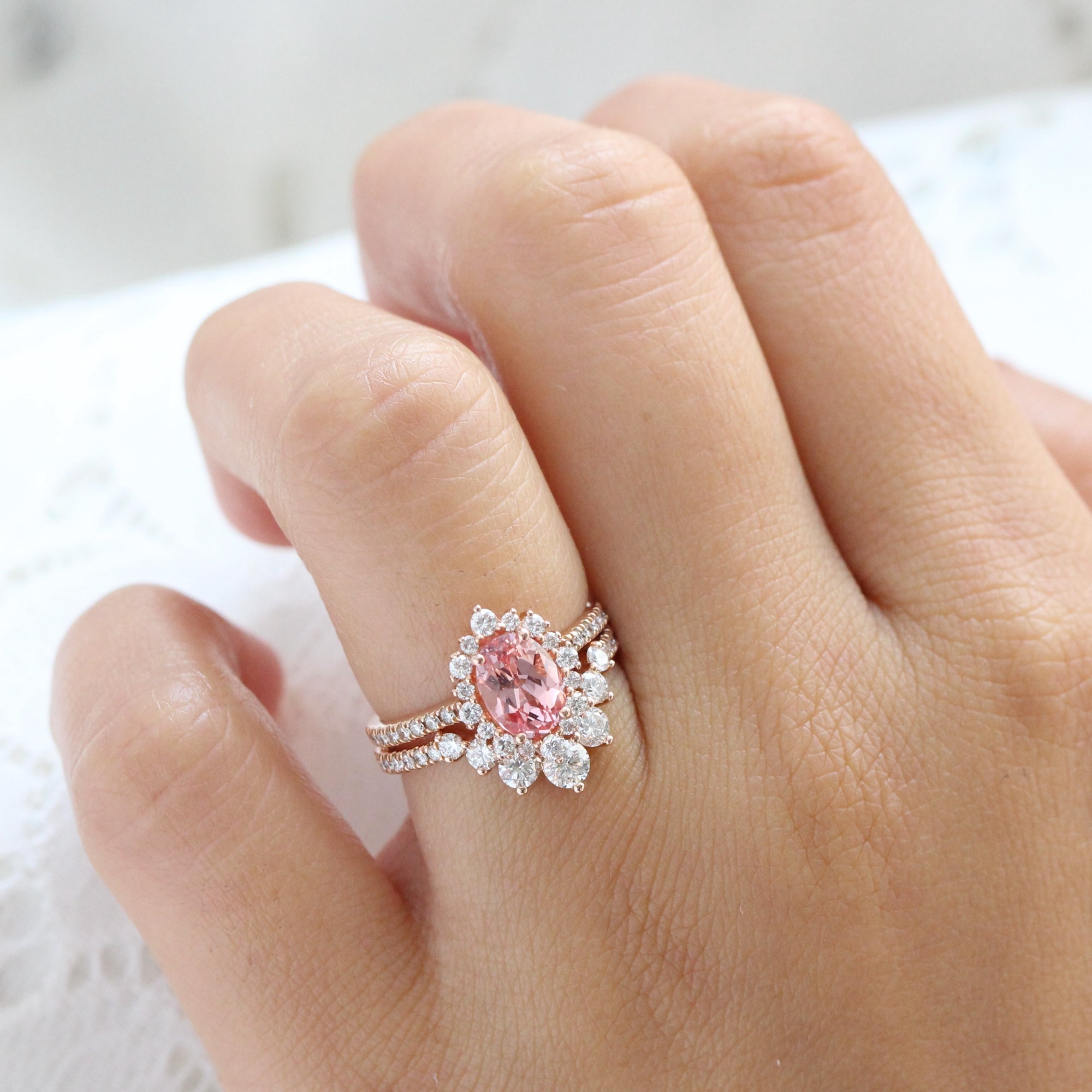 Vintage halo oval peach sapphire ring stack rose gold u shaped diamond wedding band la more design jewelry