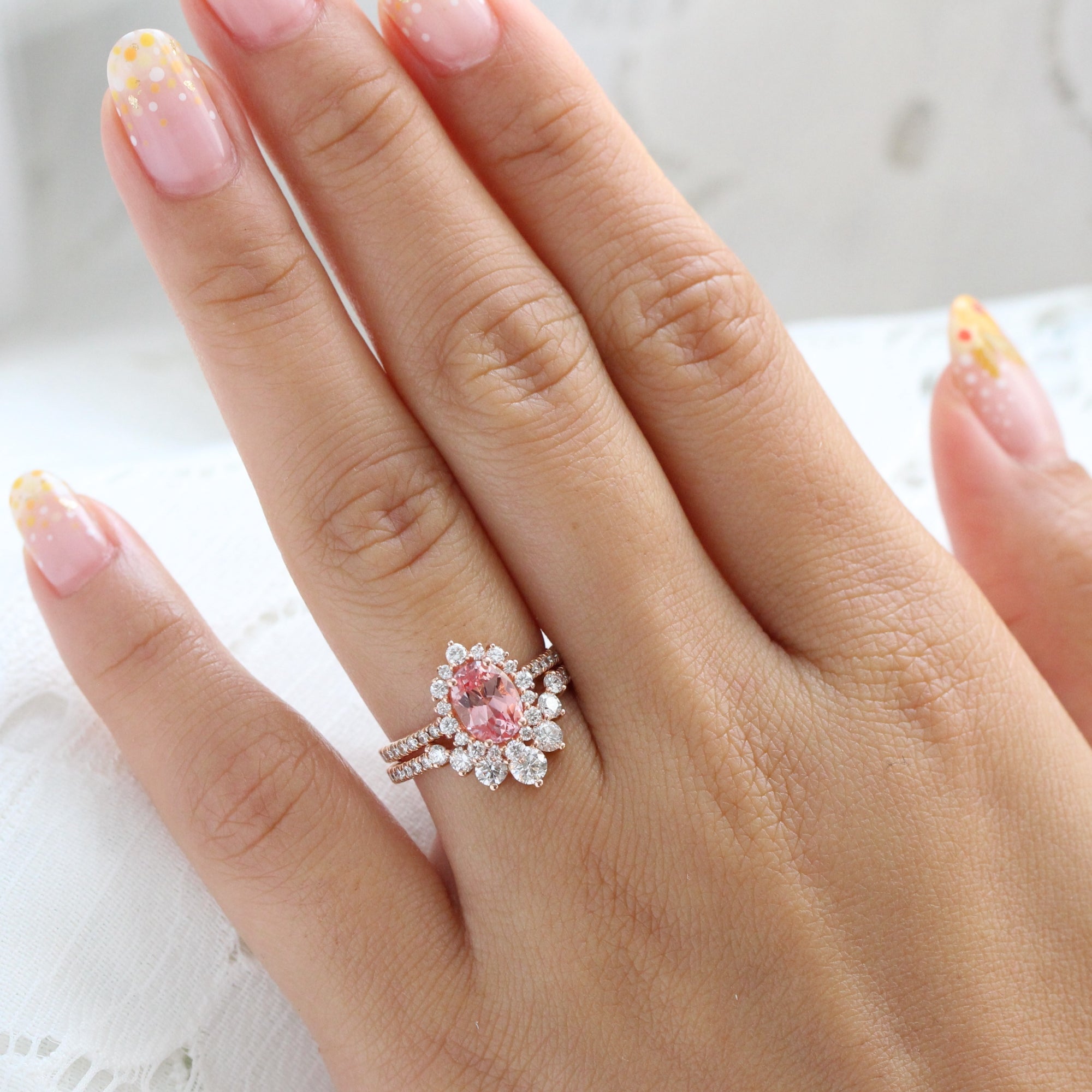 Vintage halo oval peach sapphire ring stack rose gold u shaped diamond wedding band la more design jewelry
