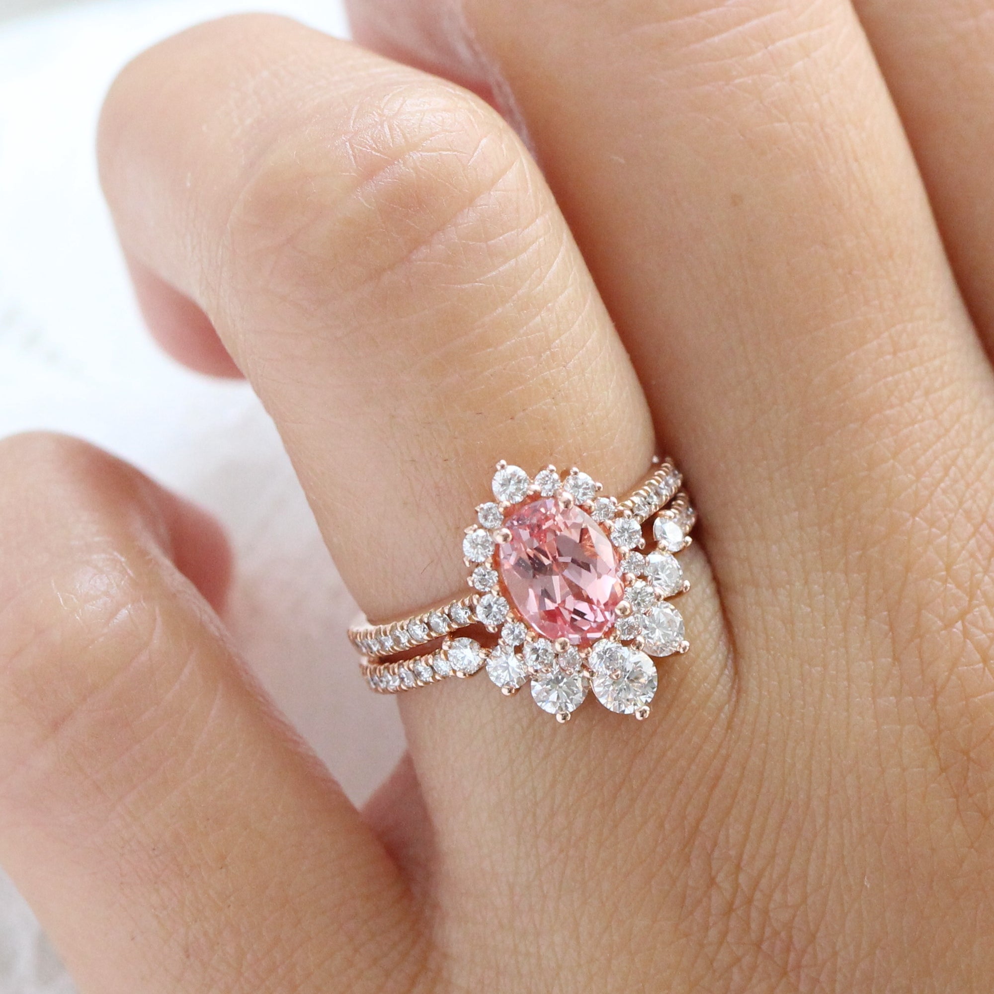 Vintage halo oval peach sapphire ring stack rose gold u shaped diamond wedding band la more design jewelry