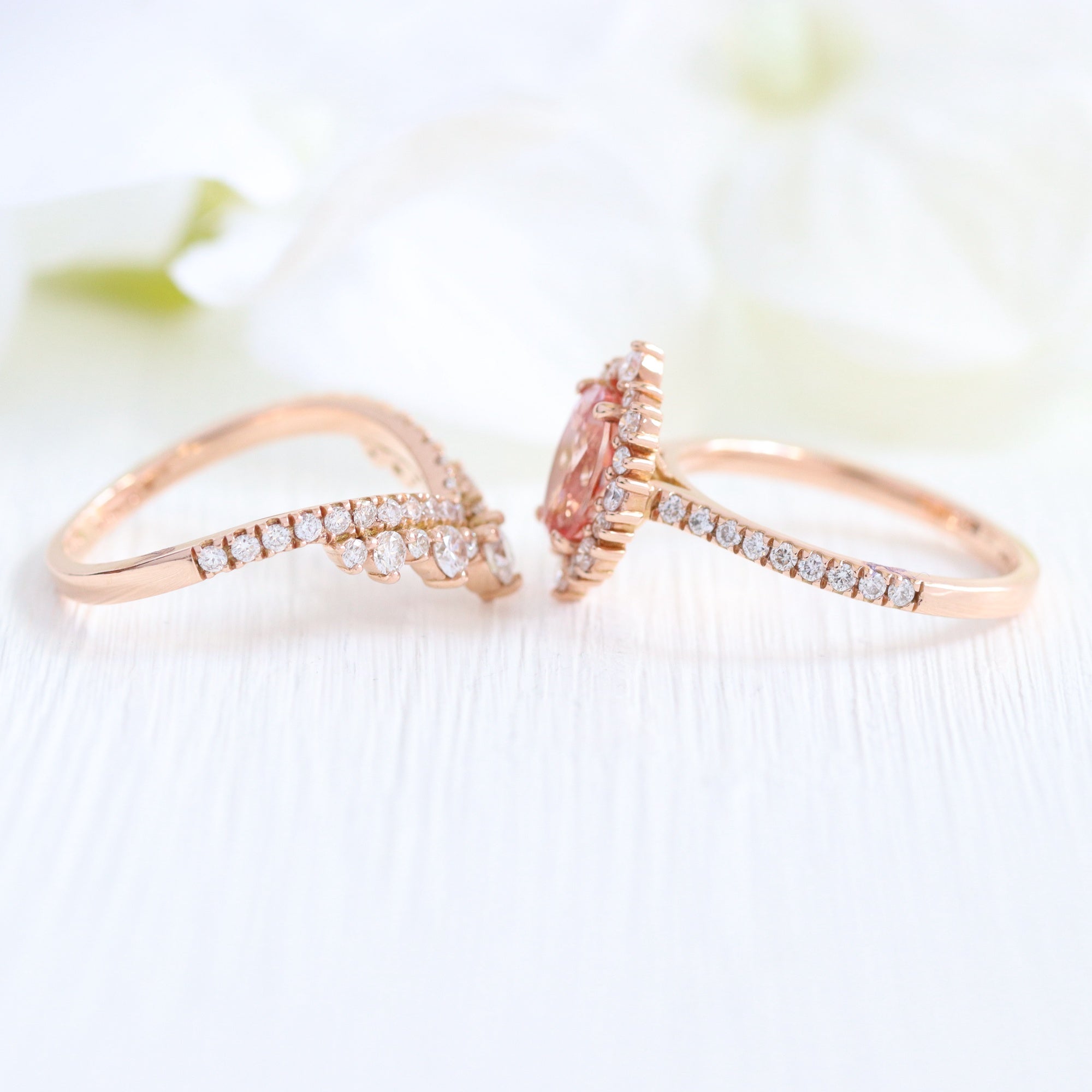 Vintage halo oval peach sapphire ring stack rose gold v shaped diamond wedding band la more design jewelry