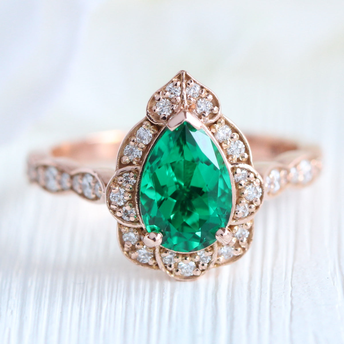 Vintage halo pear emerald ring stack rose gold curved diamond wedding band la more design jewelry