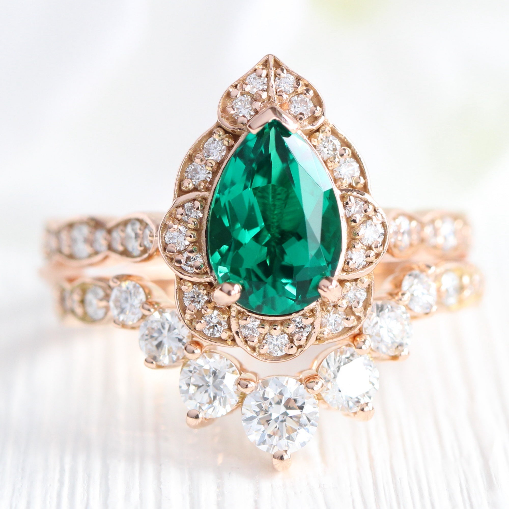 Vintage halo pear emerald ring stack rose gold matching diamond wedding band la more design jewelry