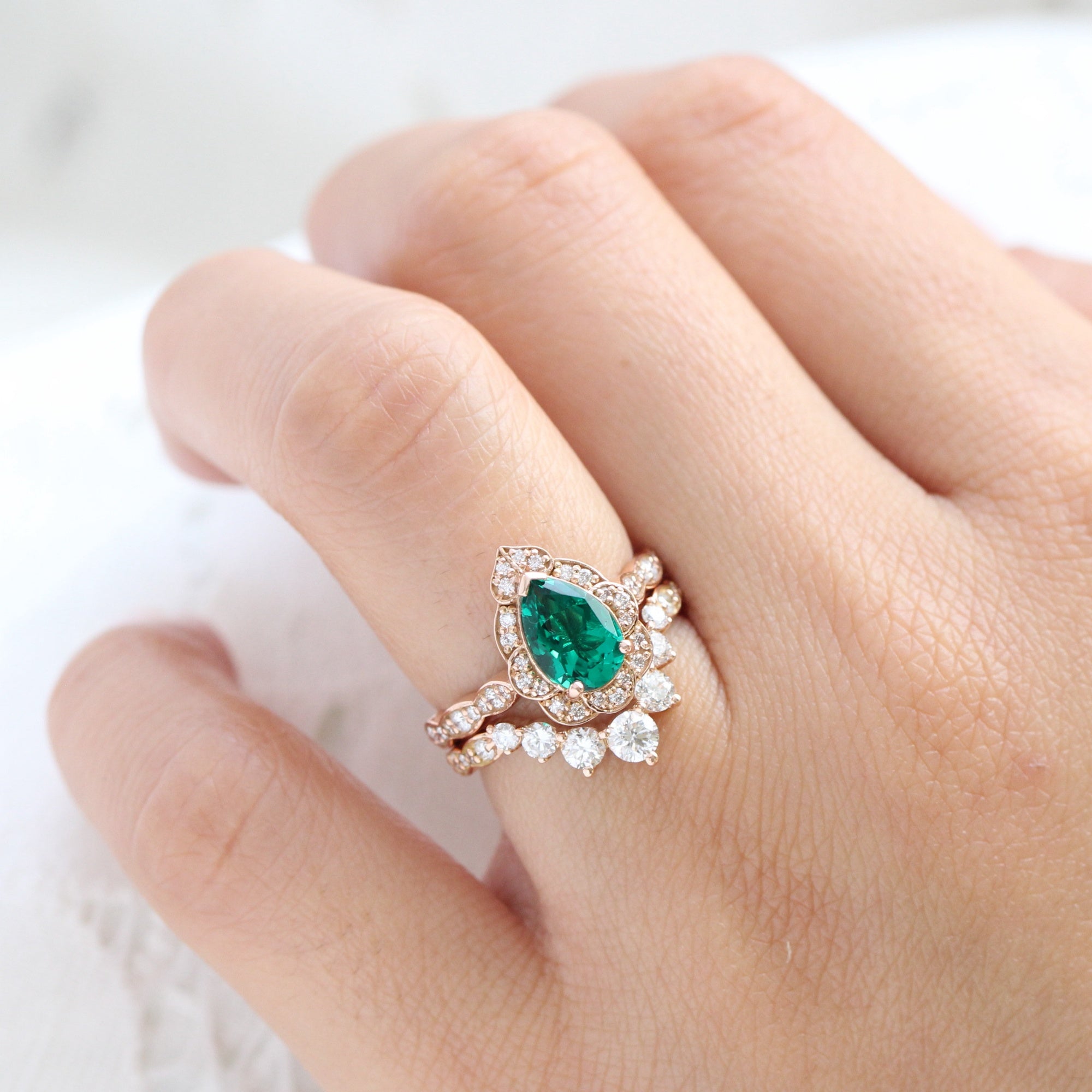 Vintage halo pear emerald ring stack rose gold curved diamond wedding band la more design jewelry