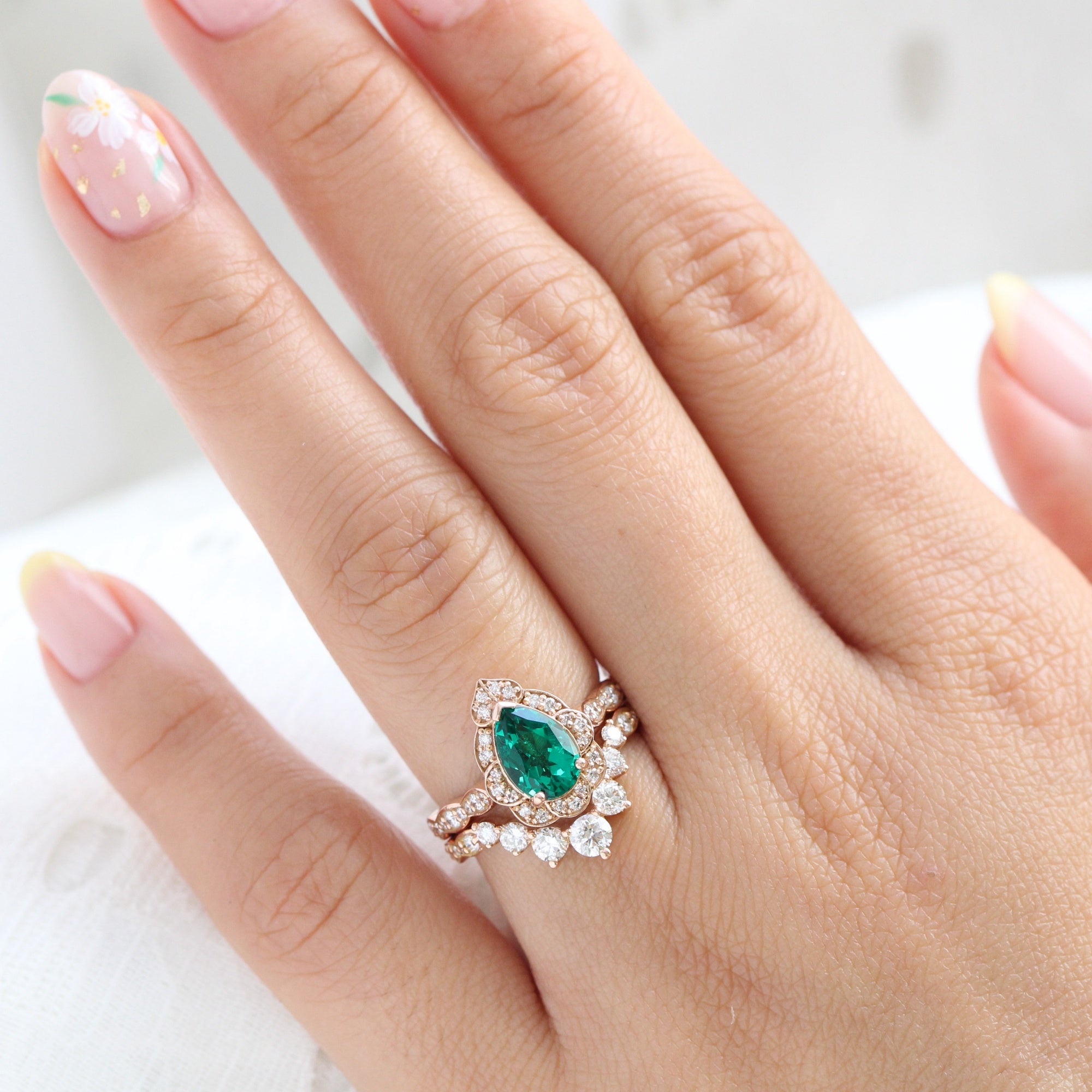 Vintage halo pear emerald ring stack rose gold matching diamond wedding band la more design jewelry