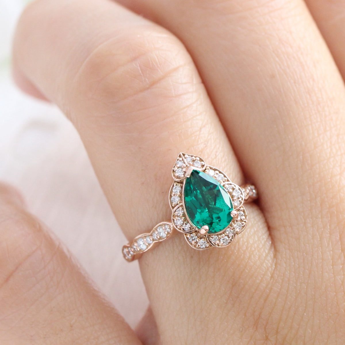 Vintage halo pear emerald ring stack rose gold curved diamond wedding band la more design jewelry