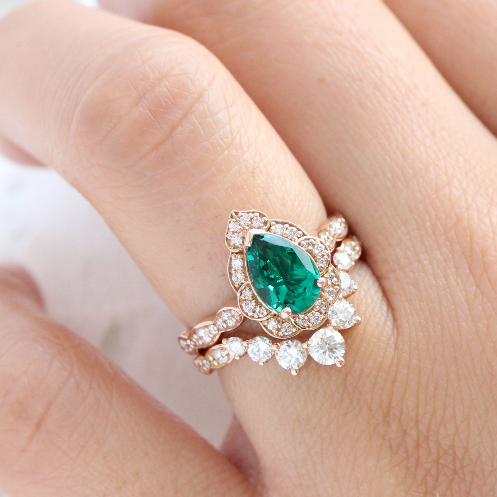 Vintage halo pear emerald ring stack rose gold matching diamond wedding band la more design jewelry