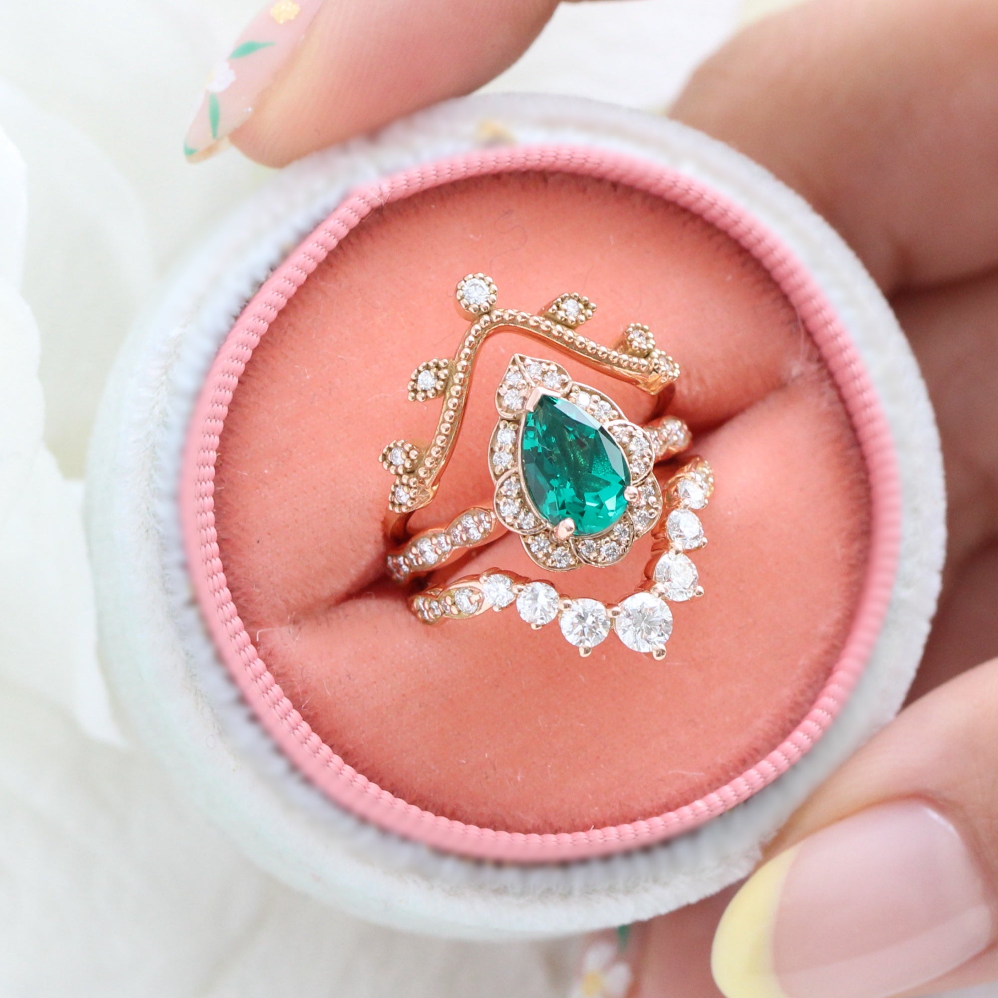 Vintage halo pear emerald ring stack rose gold curved diamond wedding band la more design jewelry