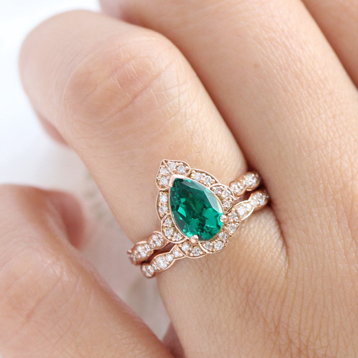 Vintage halo pear emerald ring stack rose gold matching diamond wedding band la more design jewelry