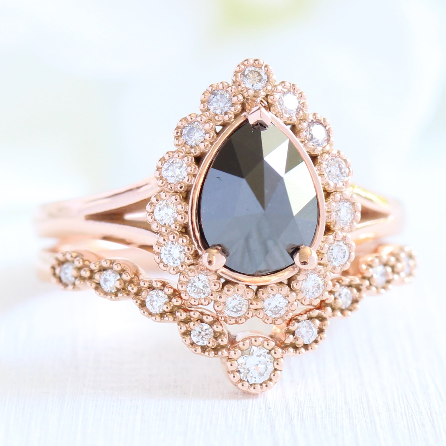 Vintage halo rose cut black diamond ring gold curved diamond wedding band la more design jewelry