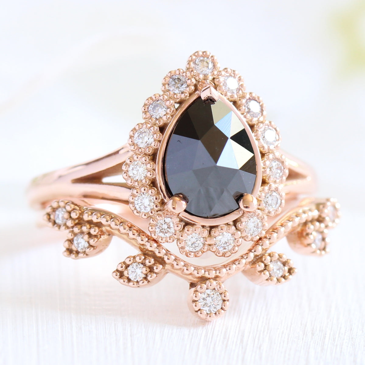 Vintage halo rose cut black diamond ring gold curved leaf diamond wedding band la more design jewelry