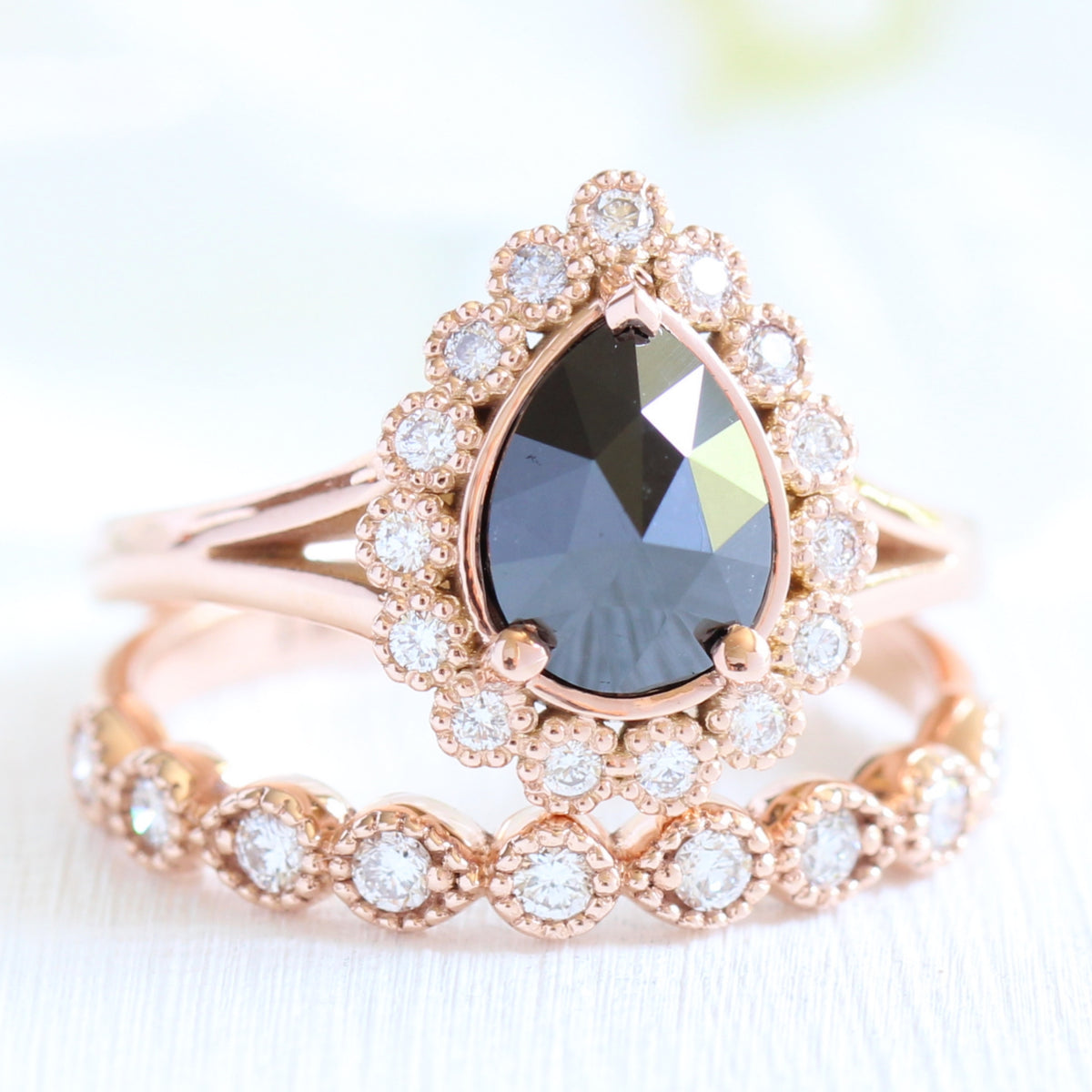 Vintage halo rose cut black diamond ring gold matching diamond wedding band la more design jewelry