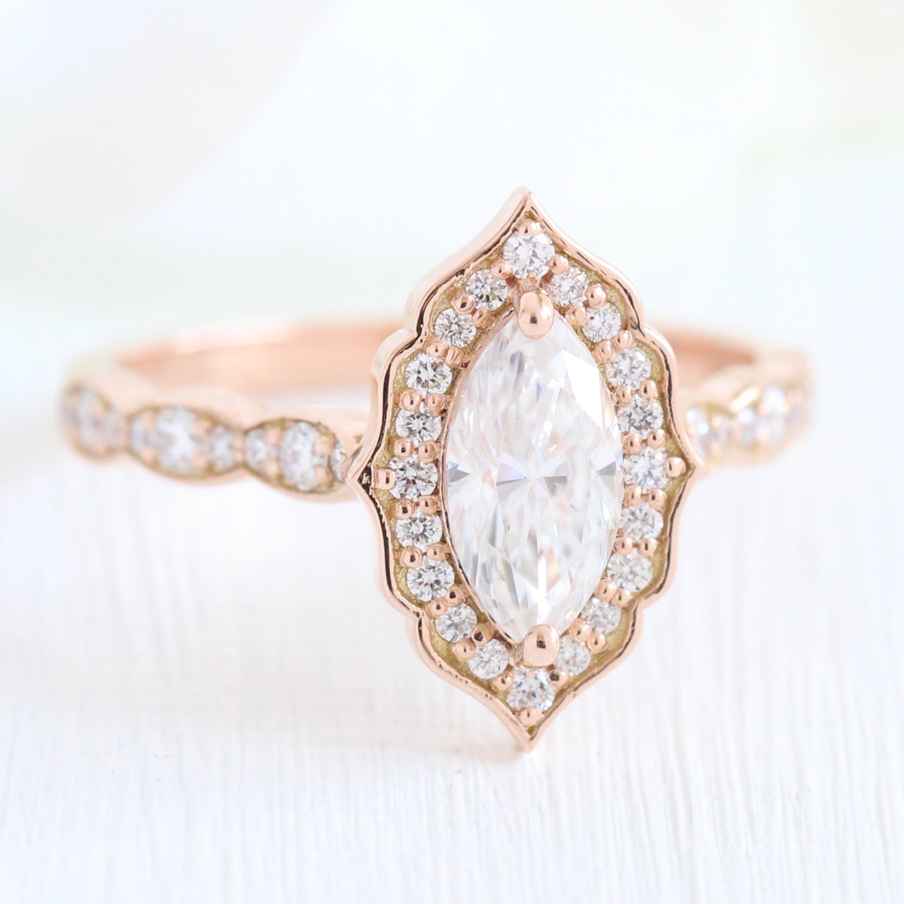 Vintage marquise engagement ring rose gold halo diamond ring by la more design jewelry