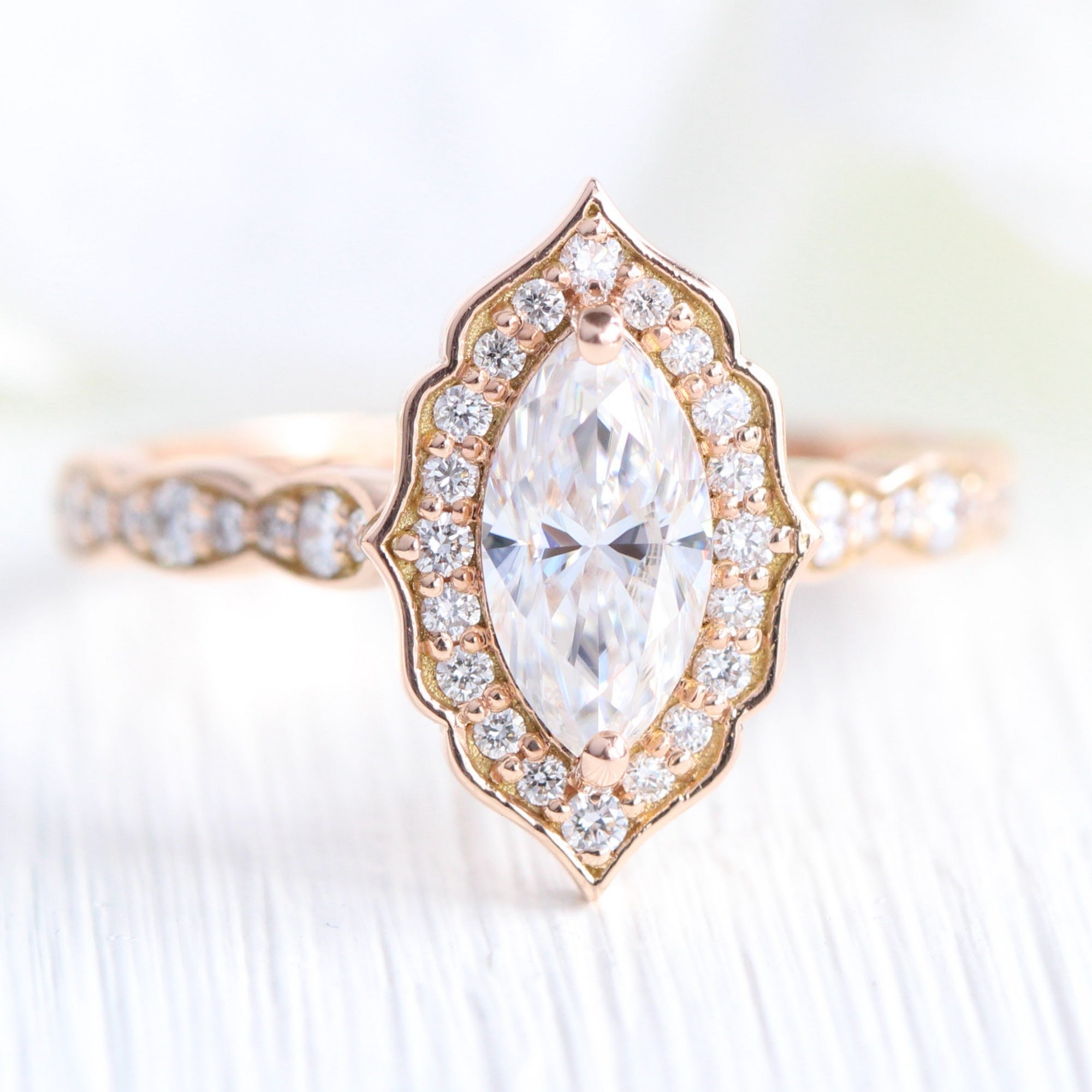 Vintage Floral Marquise Ring w Moissanite and Diamond in Scalloped Band