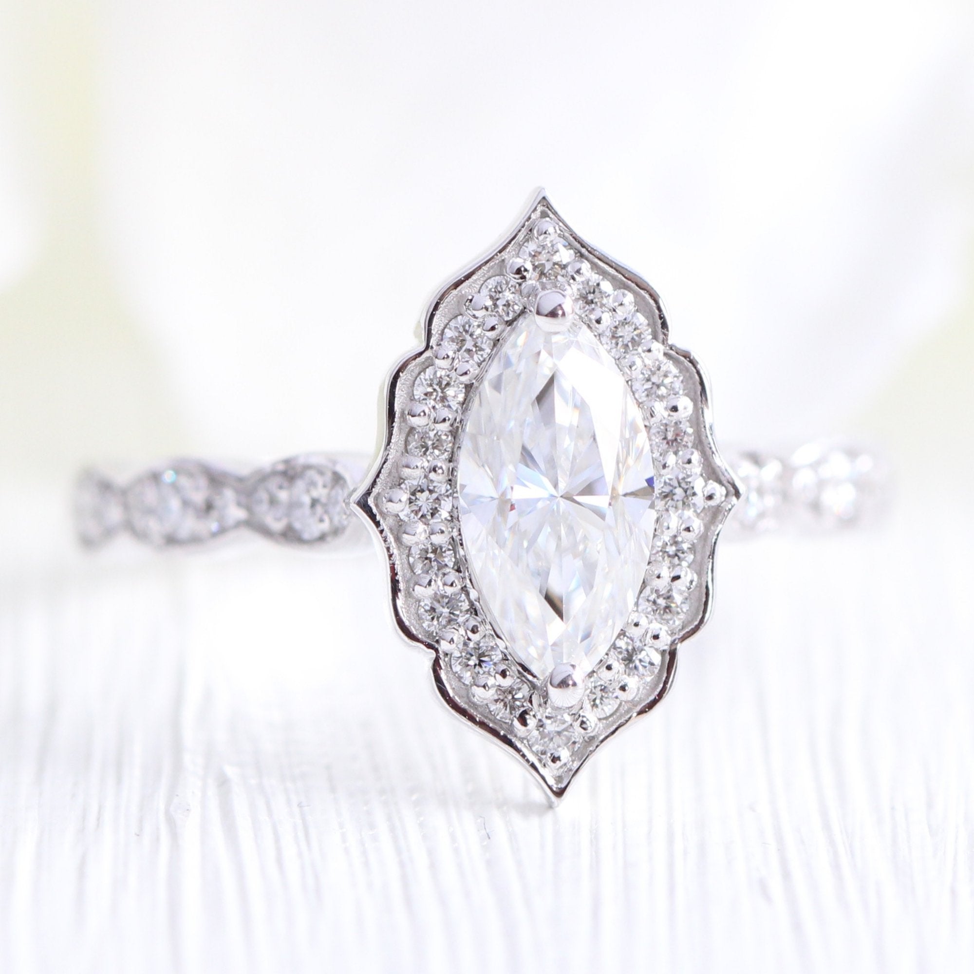 Vintage Floral Marquise Ring w/ Moissanite and Diamond in Scalloped Band