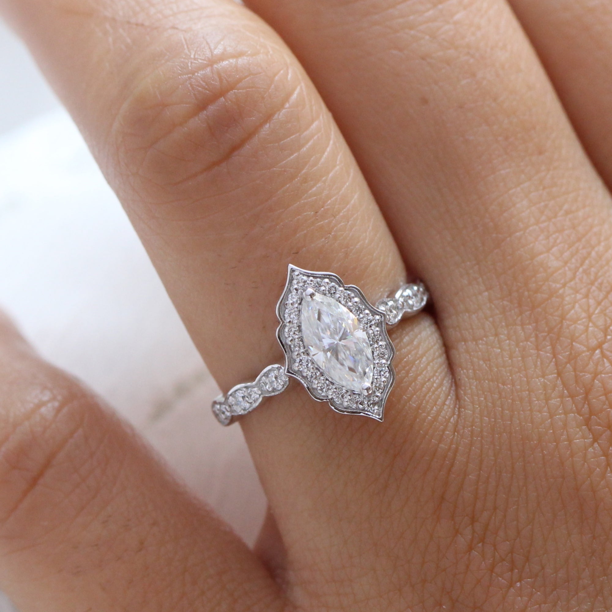 Marquise Moissanite Engagement Ring Rose Gold Floral Diamond Band