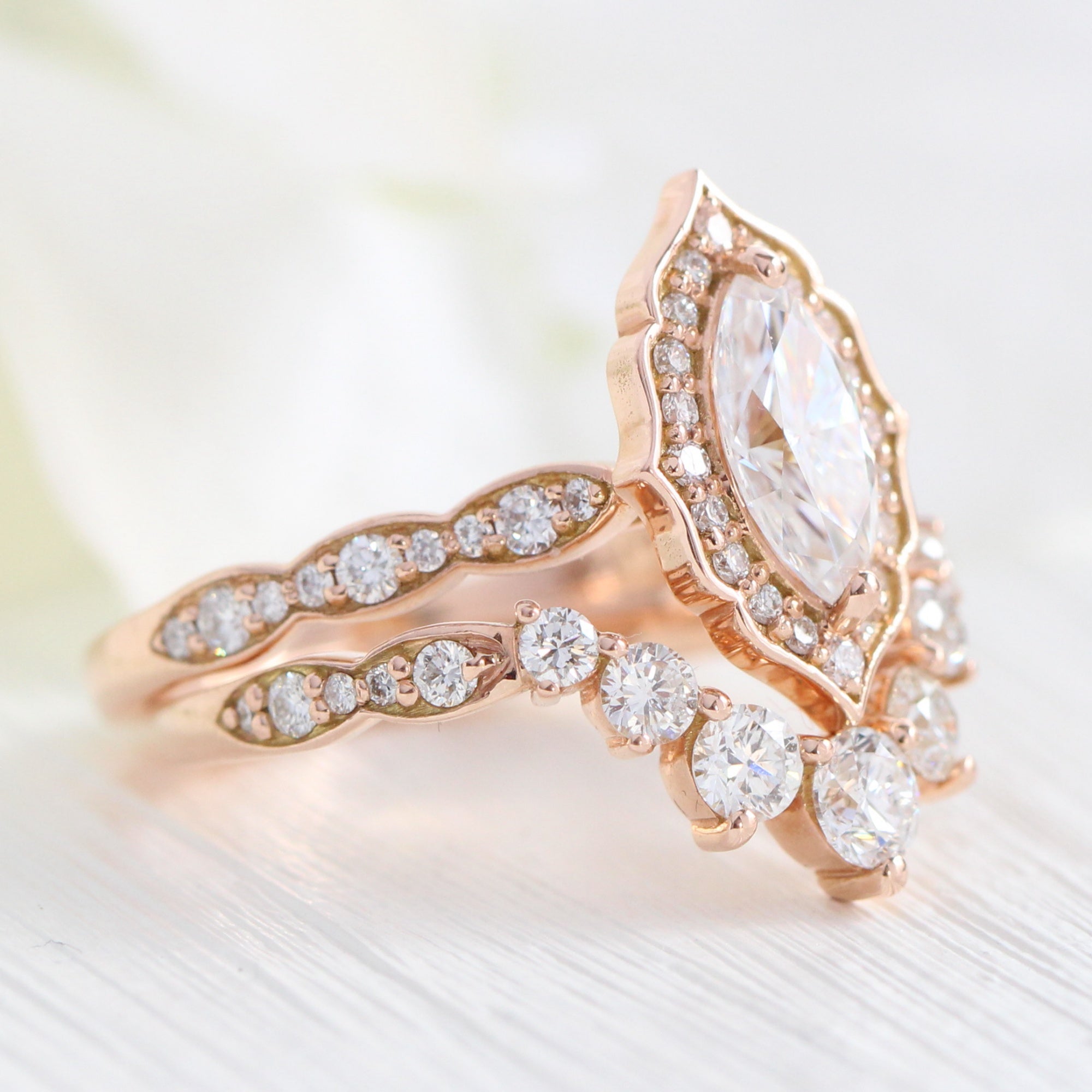 14K Rose Gold Plated Women Marquise Diamond Enhancer Band Moissanite Double Wedding Stacking Band Wrap Band Ring Vintage