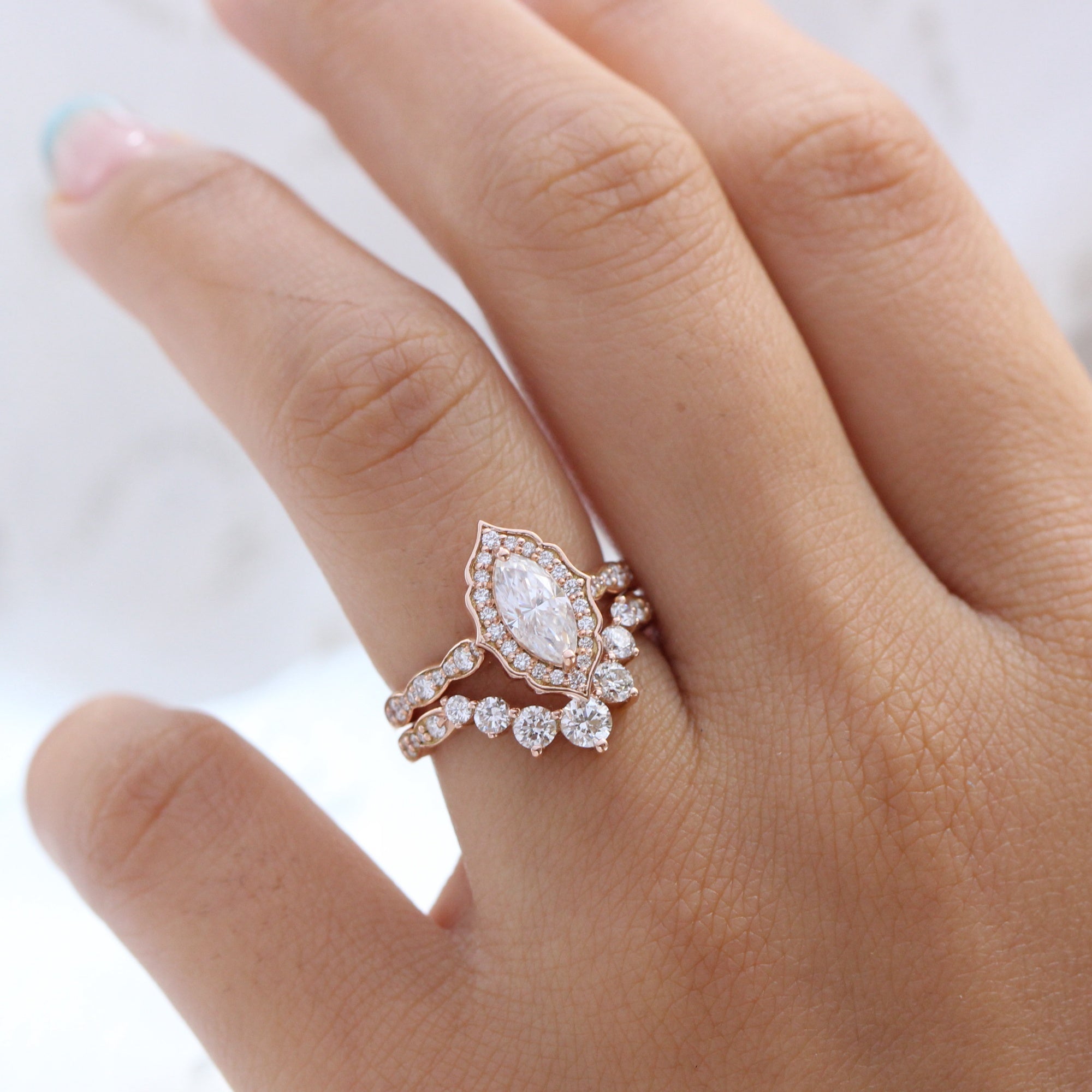Vintage marquise moissanite ring rose gold large 7 diamond u shaped wedding band stacking rings la more design jewelry